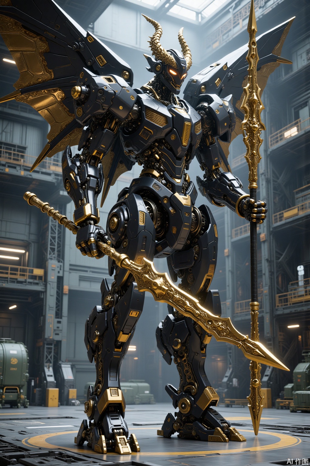 A futuristic giant mecha, Demon Slayer War God Mecha, Dark Gold and Black, deconstructed layout, rich details, strong layering, extremely fine, complex parts, realistic style, giant mechanical wings, demon helmet, metal texture, cool tone, precision machinery, technological sense, dynamic stillness, clear light and shadow, futuristic. The future mecha knight, with terrifying demon wings, dark gold and black, holding two super large ornate giant spears in hand, with high definition details, metal texture and tension composition, grand scenes, surrealism, real texture, OC rendering, 3D, super HD16k — s 800 — niji 6, huge military factory apron,gd,