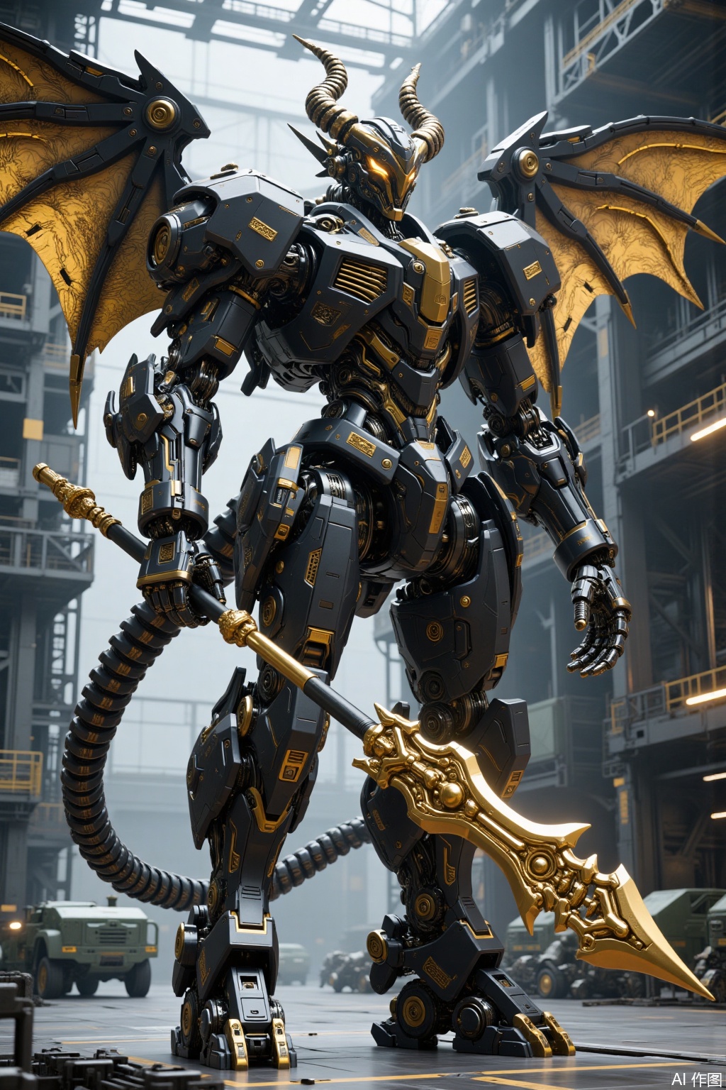 A futuristic giant mecha, Demon Slayer War God Mecha, Dark Gold and Black, deconstructed layout, rich details, strong layering, extremely fine, complex parts, realistic style, giant mechanical wings, demon helmet, metal texture, cool tone, precision machinery, technological sense, dynamic stillness, clear light and shadow, futuristic. The future mecha knight, with terrifying demon wings, dark gold and black, holding two super large ornate giant spears in hand, with high definition details, metal texture and tension composition, grand scenes, surrealism, real texture, OC rendering, 3D, super HD16k — s 800 — niji 6, huge military factory apron,gd,