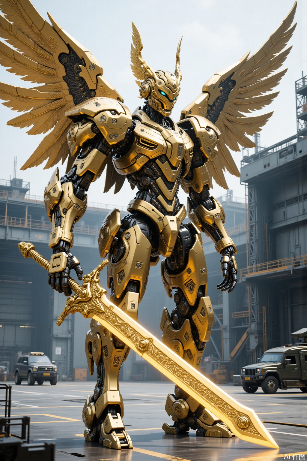A futuristic giant mecha, Chinese Taoist style, integrating Chinese mythological elements, God of War mecha, sacred gold, deconstructed layout, rich details, strong sense of layering, extremely fine, complex parts, realistic style, giant four-winged angel wings, god helmet, metal texture, cool tone, precision machinery, sense of technology, dynamic stillness, clear light and shadow, futurism. The future mecha knight, sacred golden, holding a giant golden holy sword in hand, with high definition details, metal texture and tension composition, grand scenes, surrealism, real texture, OC rendering, huge military factory apron,gd