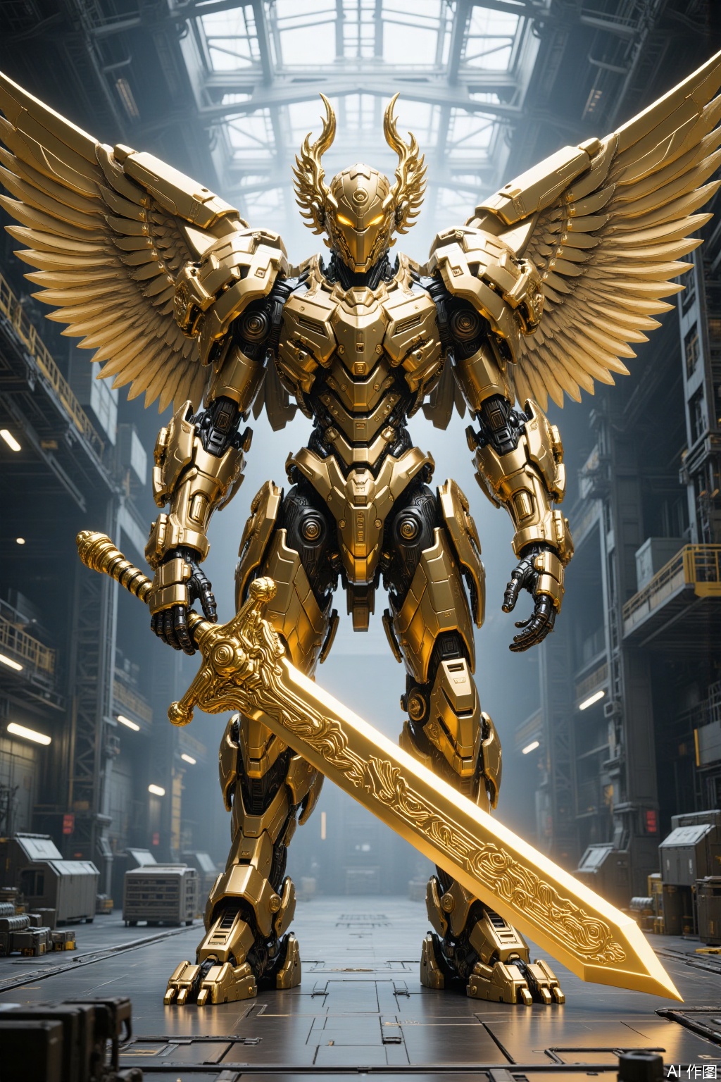 A futuristic giant mecha, Chinese Taoist style, integrating Chinese mythological elements, God of War mecha, sacred gold, deconstructed layout, rich details, strong sense of layering, extremely fine, complex parts, realistic style, giant four-winged angel wings, god helmet, metal texture, cool tone, precision machinery, sense of technology, dynamic stillness, clear light and shadow, futurism. The future mecha knight, sacred golden, holding a giant golden holy sword in hand, with high definition details, metal texture and tension composition, grand scenes, surrealism, real texture, OC rendering, huge military factory apron,gd