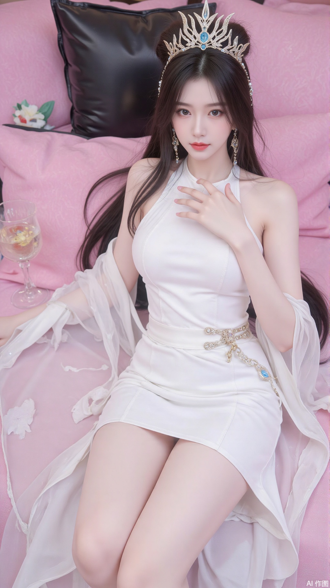 1 girl, solo, black hair, breasts, hair accessories.earrings. Look at the camera. 4/5 body.
A girl, alone, black hair, dress, brown eyes, makeup, Chinese dress, white dress, bun, lipstick, Chinese dress, white transparent dress, perfect breasts, full chest, side seam, shawl, red lips, sitting on a pink bed, lying on a pink festive bed, lying flat on the sheets, exposed skin white beauty retreat