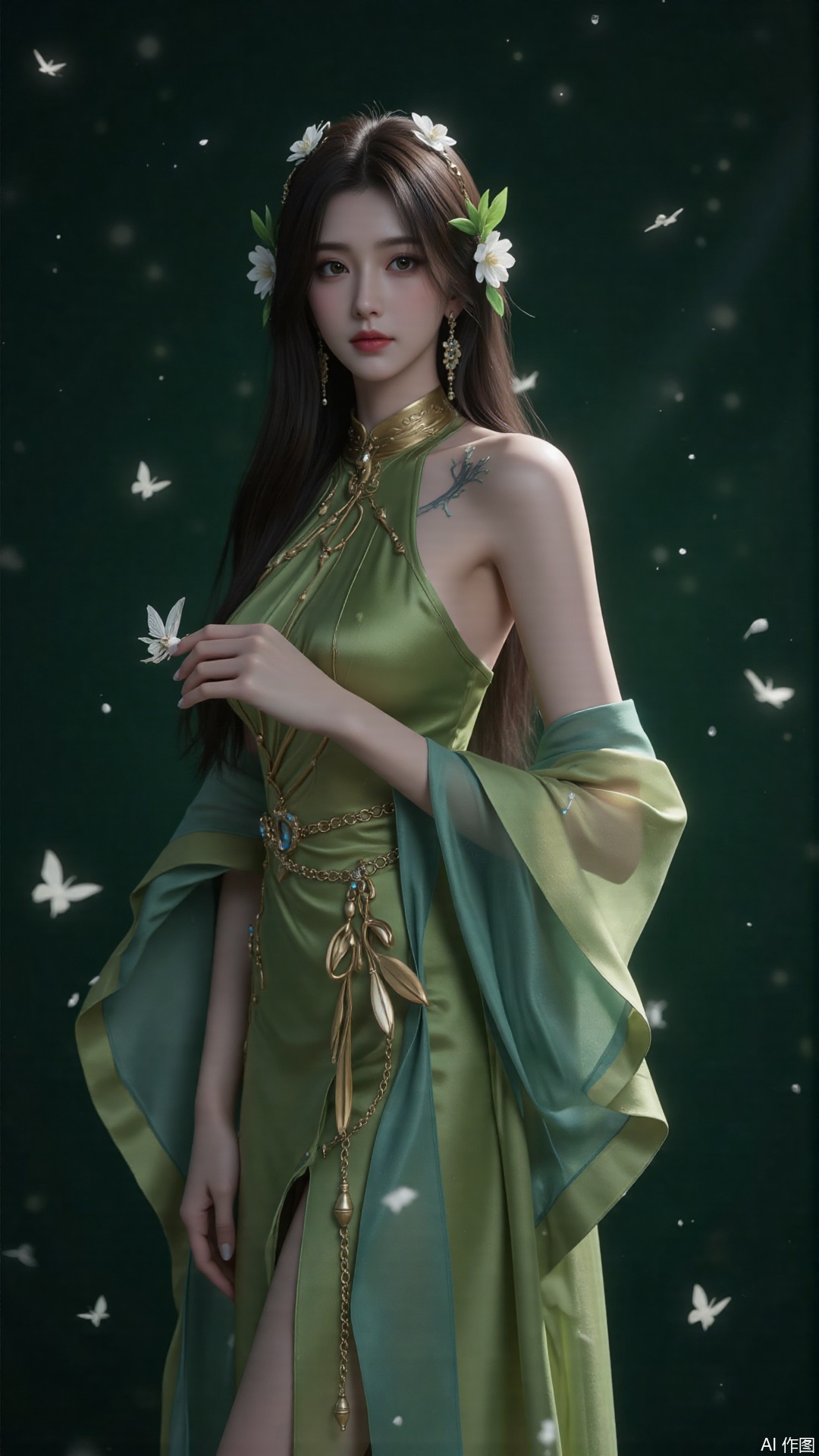 This is a highly detailed, digital illustration depicting a young woman with long, flowing dark hair adorned with white flowers and green leaves. She is dressed in a green, flowing robe with delicate, sheer sleeves and a translucent fabric that allows glimpses of her pale, smooth skin. Her facial features are delicate and serene, with large, expressive green eyes, high cheekbones, and full, red lips. She is holding a delicate, white butterfly in her left hand, which is gently caressing the insect, as if in a moment of contemplation or enchantment. The background is a deep, dark green, creating a mystical, ethereal atmosphere. Small, glowing particles and scattered light effects enhance the magical ambiance, with tiny white butterflies and flower petals floating around her. The overall color palette is dominated by greens and whites, with subtle hints of gold and silver. The texture of her hair and clothing is soft and flowing, blending seamlessly with the surrounding environment, which appears to be a forest or garden. The artwork captures a sense of tranquility and wonder, evoking a fairytale-like atmosphere.