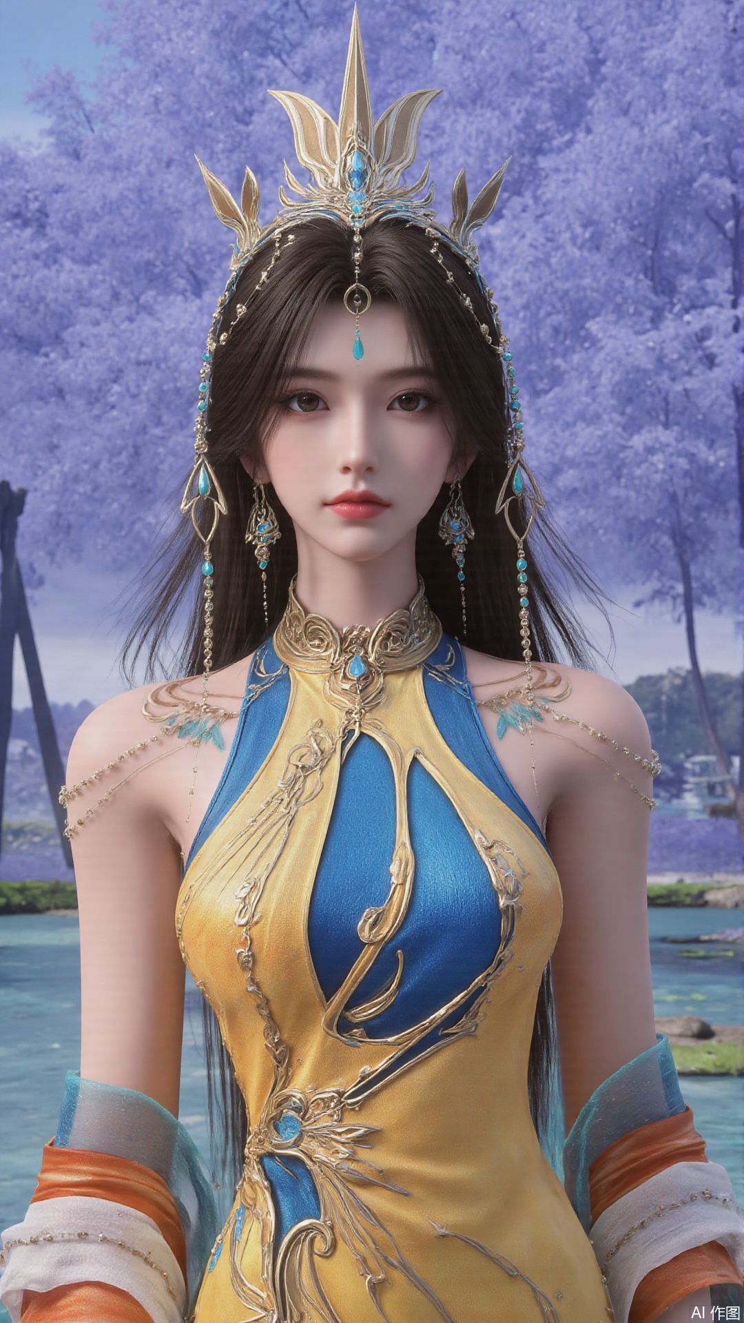 masterpiece,best quality,1girl, black hair, solo, dress, long hair, jewelry, earrings, forehead mark, facial mark, hair ornament, looking at viewer, hair rings, cowboy shot