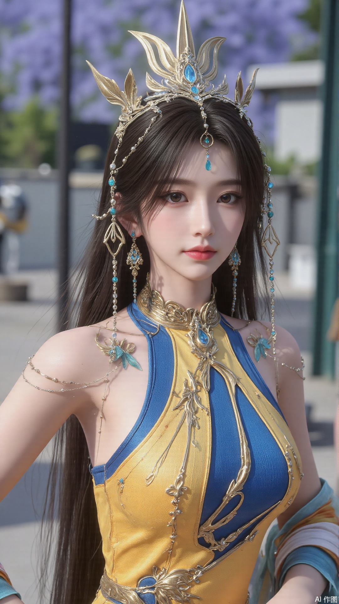 masterpiece,best quality,1girl, black hair, solo, dress, long hair, jewelry, earrings, forehead mark, facial mark, hair ornament, looking at viewer, hair rings, cowboy shot