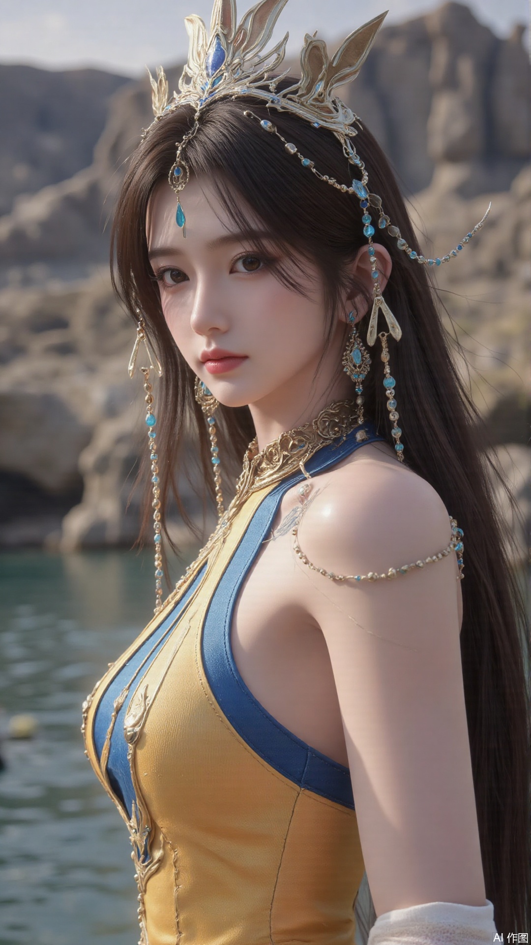 masterpiece,best quality,1girl, black hair, solo, dress, long hair, jewelry, earrings, forehead mark, facial mark, hair ornament, looking at viewer, hair rings, cowboy shot