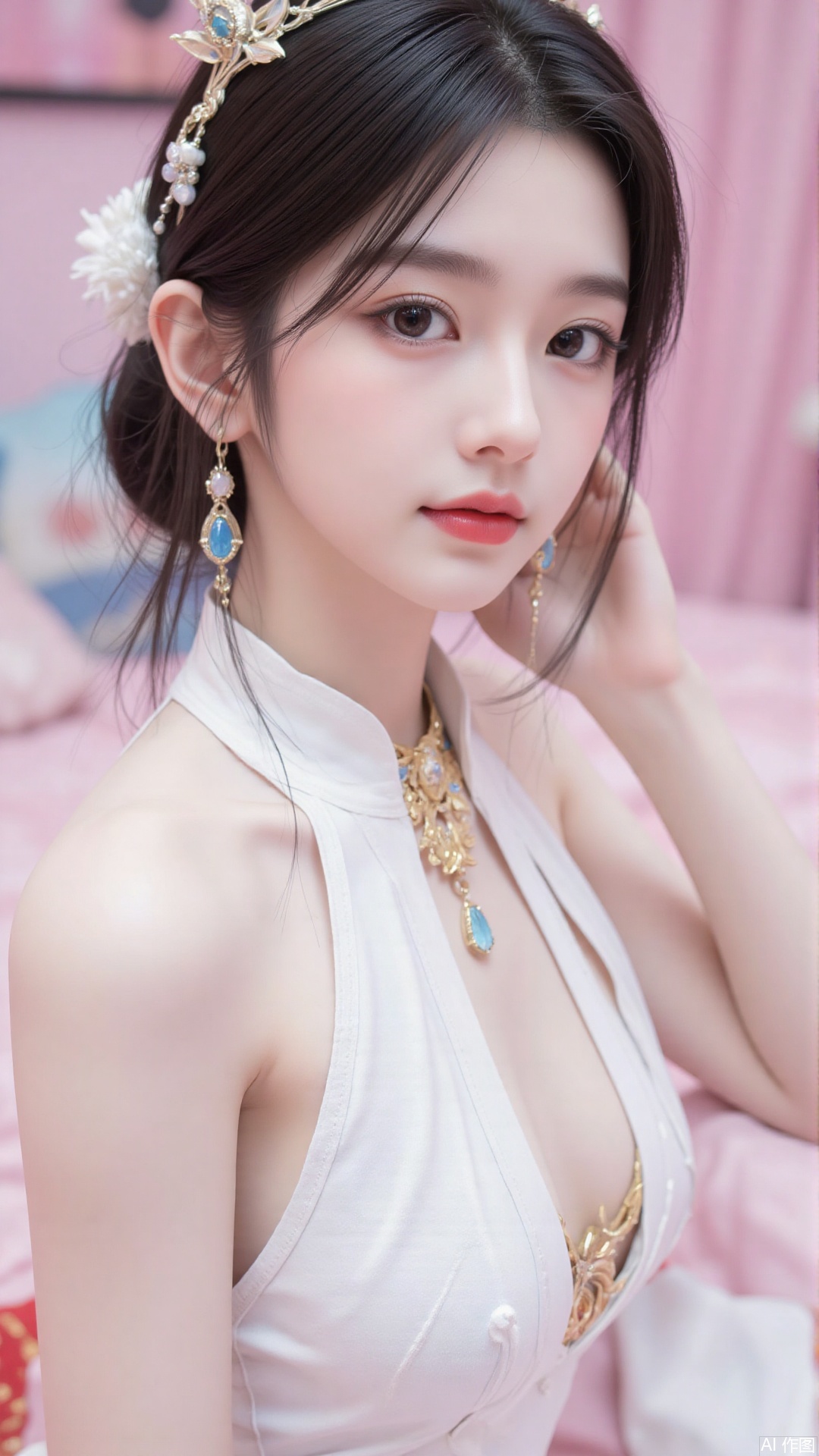 1 girl, solo, black hair, breasts, hair accessories.earrings. Look at the camera. 4/5 body.
A girl, alone, black hair, dress, brown eyes, makeup, Chinese dress, white dress, bun, lipstick, Chinese dress, white transparent dress, perfect breasts, full chest, side seam, shawl, red lips, sitting on a pink bed, lying on a pink festive bed, lying flat on the sheets, exposed skin white beauty retreat