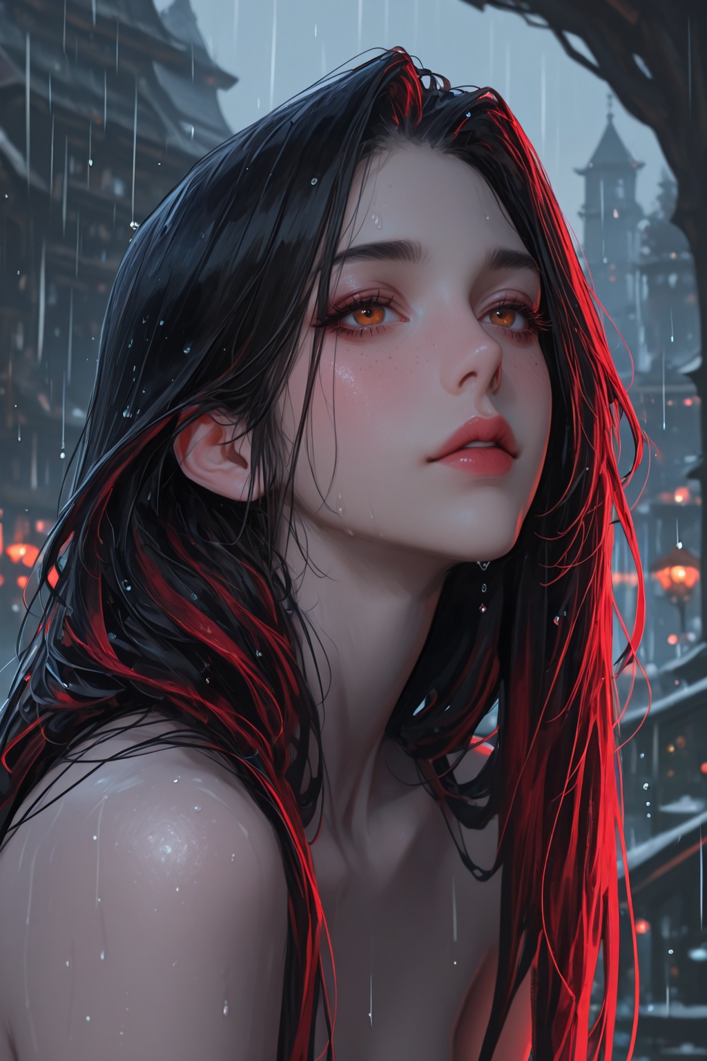 ............ medium shot of a a stunningly beautiful girl,  m1s5laura,  with intricately detailed majestic wet face on Ten...
