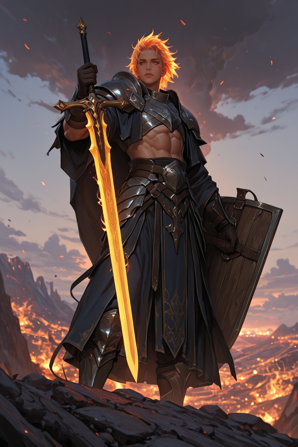............ ultra-detailed cinematic close-up of three heroic fantasy warriors standing atop a battlefield cliff at sunse...