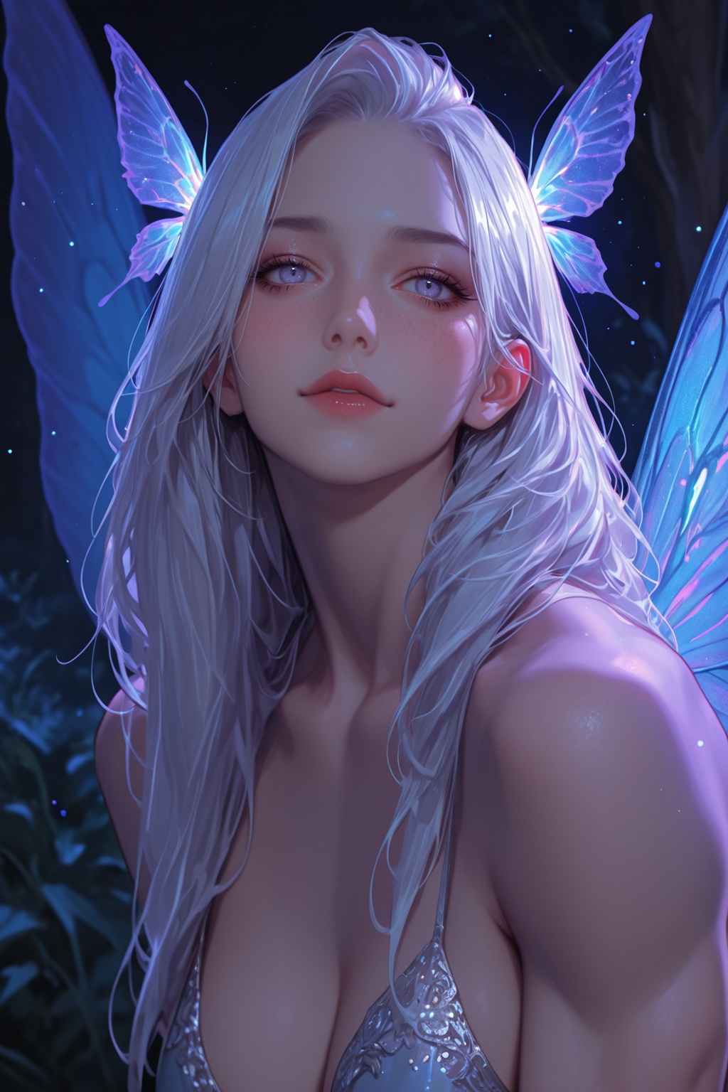 ............ close-up of a fantasy night fairy with shimmering transparent wings glowing in blues and purples,  silver fre...