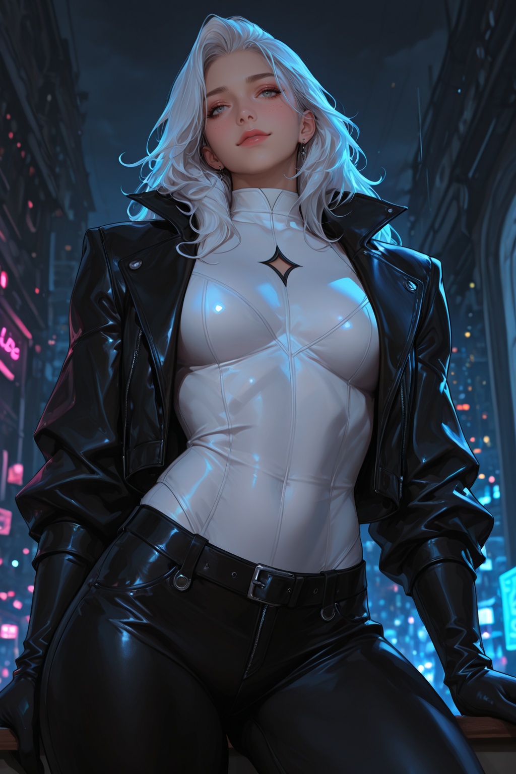 ............ Black Cat (Felicia Hardy),  perched confidently on the ledge of a gothic rooftop at night,  striking a sleek...