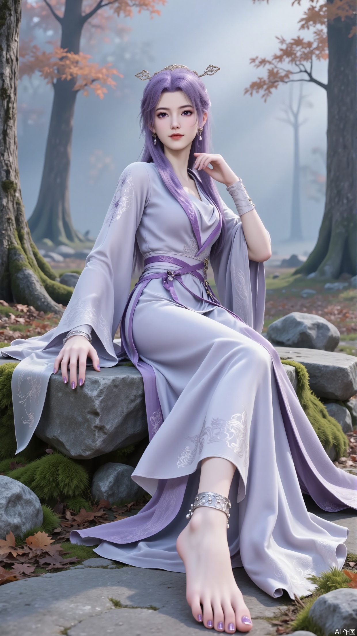 Main Character
 
- Appearance: With purple hair, exquisitely - adorned hair ornaments. The face is beautiful, featuring three - dimensional facial features and phoenix - shaped eyes. Wears earrings and a necklace, has slender willow - like eyebrows, and natural - colored lips.
- Clothing: Dons a purple long dress, which is delicately decorated. The sleeves are wide and floaty.
- Accessories: Wears a silver anklet on the ankle, with small diamonds and pendants on it. Toenails are painted with purple transparent glittery nail polish. Bare - footed.
- Action: Sits on a stone. One hand naturally rests on the stone, while the other hand is relaxed by the side of the body.
 
Environmental Atmosphere
 
- Scene: In a fog - enveloped forest, there are ancient moss - covered stones. Tall trees, maple trees, fallen leaves and moss surround the area.
- Lighting: Soft natural light creates a hazy and tranquil atmosphere.