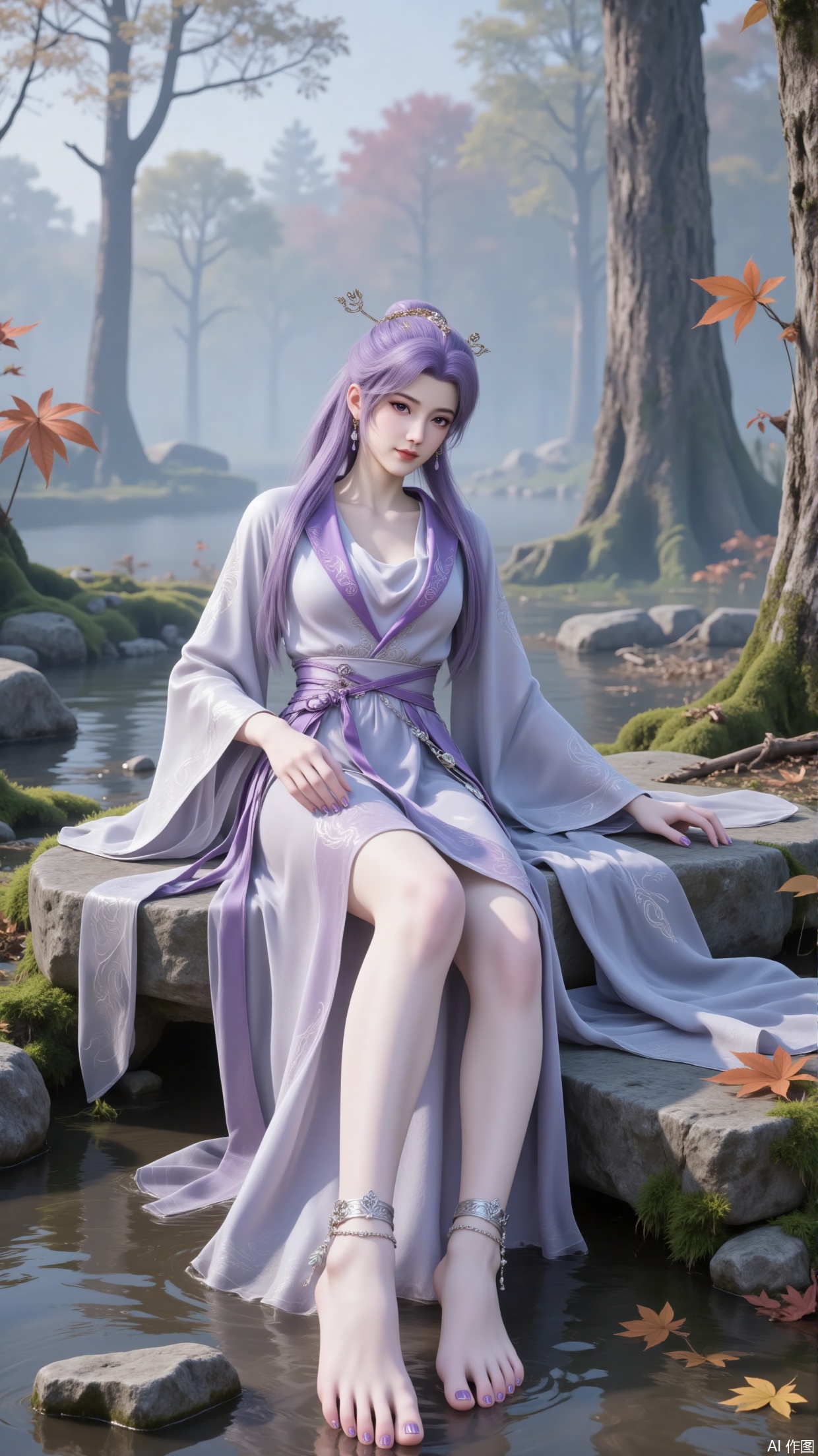 Main Character
 
- Appearance: With purple hair, exquisitely - adorned hair ornaments. The face is beautiful, featuring three - dimensional facial features and phoenix - shaped eyes. Wears earrings and a necklace, has slender willow - like eyebrows, and natural - colored lips.
- Clothing: Dons a purple long dress, which is delicately decorated. The sleeves are wide and floaty.
- Accessories: Wears a silver anklet on the ankle, with small diamonds and pendants on it. Toenails are painted with purple transparent glittery nail polish. Bare - footed.
- Action: Sits on a stone. One hand naturally rests on the stone, while the other hand is relaxed by the side of the body.
 
Environmental Atmosphere
 
- Scene: In a fog - enveloped forest, there are ancient moss - covered stones. Tall trees, maple trees, fallen leaves and moss surround the area.
- Lighting: Soft natural light creates a hazy and tranquil atmosphere.
