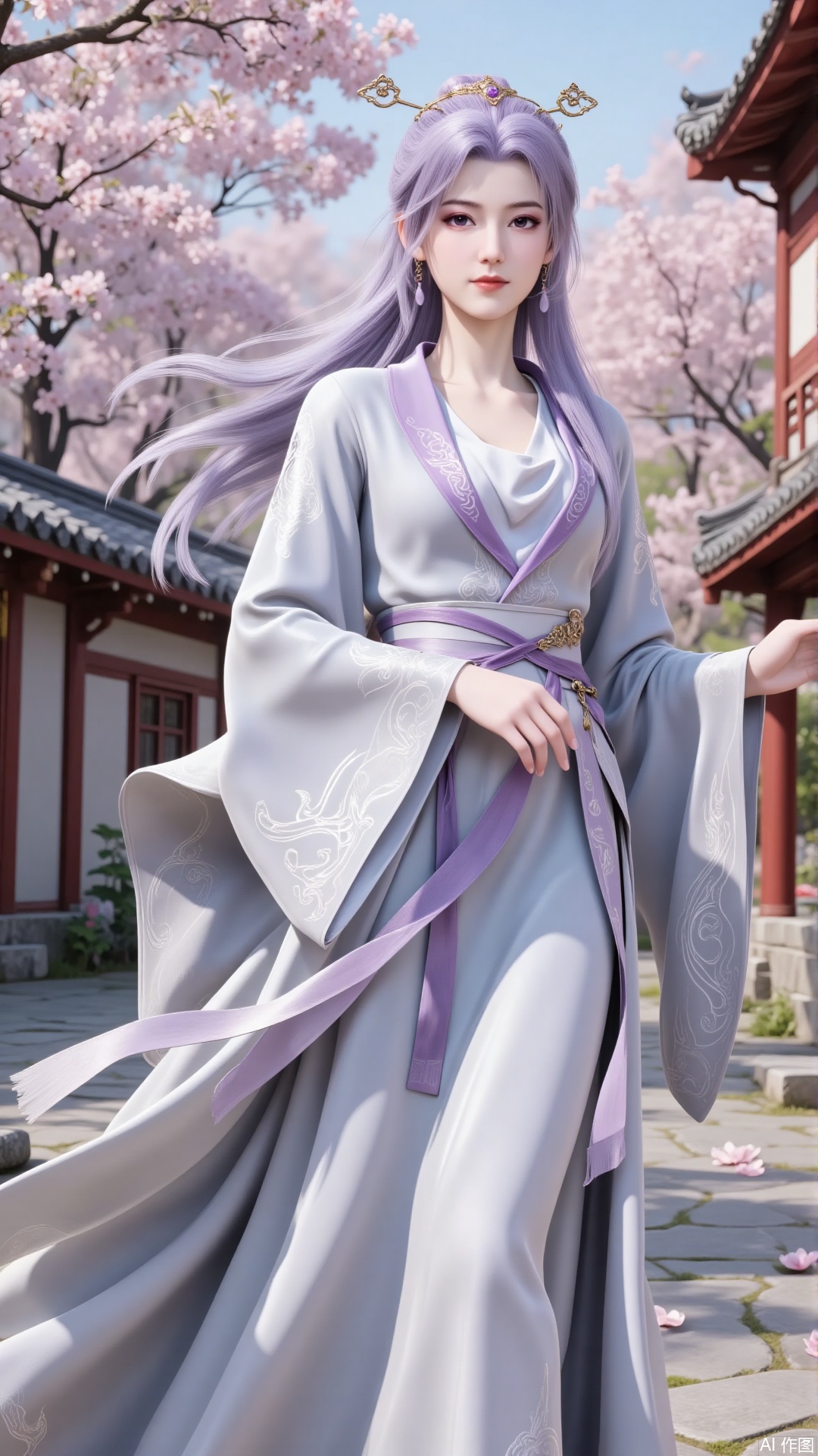 Overall
 
The image presents a visually - striking and elegant scene. The combination of the character's graceful demeanor and the picturesque background creates an atmosphere that is both enchanting and serene. The overall color palette, featuring soft purples, silvers, and the vibrant pink of the blossoms, is harmonious and aesthetically pleasing.
 
Art Style
 
The art style leans towards high - quality digital illustration or 3D rendering with a fantasy - traditional Chinese influence. The details are meticulously crafted, from the flowing fabric textures to the delicate petals of the flowers, showcasing a blend of realism and artistic flair.
 
Composition
 
The composition is well - balanced, with the character centrally positioned, which immediately draws the viewer's attention. The background elements, such as the blooming trees and traditional architecture, frame the character, enhancing the visual appeal and providing context to the scene.
 
Shooting Perspective
 
The shooting perspective is a frontal - three - quarter view, which allows for a comprehensive view of the character's outfit and posture while also capturing the details of the background. This angle adds a sense of depth and dimension to the image.
 
Pose
 
The character's pose is dynamic yet poised. One hand is slightly raised, and the flowing movement of the robe suggests a gentle breeze, adding a sense of liveliness and grace to the figure.
 
Expression
 
The expression is calm and composed, with a hint of confidence. The eyes are clear and focused, and the lips are slightly upturned, conveying an air of tranquility and self - assurance.
 
Hairstyle
 
The hairstyle features long, flowing lavender - colored hair, which is adorned with a delicate headpiece. Some strands of hair frame the face, enhancing the character's elegant and refined appearance.
 
Clothing Style
 
The character is dressed in an elaborate traditional Chinese robe. The robe is predominantly silver - gray with a gradient effect, transitioning to lighter shades at the bottom. It has wide sleeves and is cinched at the waist with a sash, highlighting the figure's silhouette. The design is both sophisticated and in line with traditional aesthetics.
 
Makeup
 
The makeup is understated yet elegant. The eyeshadow complements the hair color, with soft lavender hues. The eyelashes are long and well - defined, making the eyes more expressive. The blush is light, adding a natural flush to the cheeks, and the lip color is a soft, natural shade that ties in with the overall refined look.
 
Matching
 
The clothing, hairstyle, and makeup are perfectly coordinated. The lavender hair and matching eyeshadow, along with the silver - gray robe, create a unified and harmonious look. The accessories, such as the headpiece, further enhance the overall aesthetic, emphasizing the character's noble and elegant image.
 
Decorations
 
The character wears a decorative headpiece that is both intricate and elegant, adding a touch of grandeur. The robe also features subtle decorative patterns, which are in line with traditional Chinese clothing designs, contributing to the overall opulent appearance.
 
Background
 
The background features traditional Chinese architecture with red accents, providing a rich cultural context. Blooming pink cherry blossom trees add a splash of color and a sense of seasonal beauty, creating a contrast with the character's attire and enhancing the overall visual appeal.
 
Environment
 
The environment appears to be a serene and picturesque traditional Chinese garden or courtyard. The stone pathways, architectural elements, and flowering trees suggest a peaceful and refined setting, which complements the character's noble and elegant demeanor.
 
Image Quality
 
The image quality is extremely high. The details of the character's hair, clothing textures, and the background elements, such as the blossoms and architecture, are all sharp and clear. The lighting and shadow effects are realistic, enhancing the three - dimensional feel of the character and the scene. There are no visible pixelation or artifacts, indicating a high - resolution and well - rendered artwork.