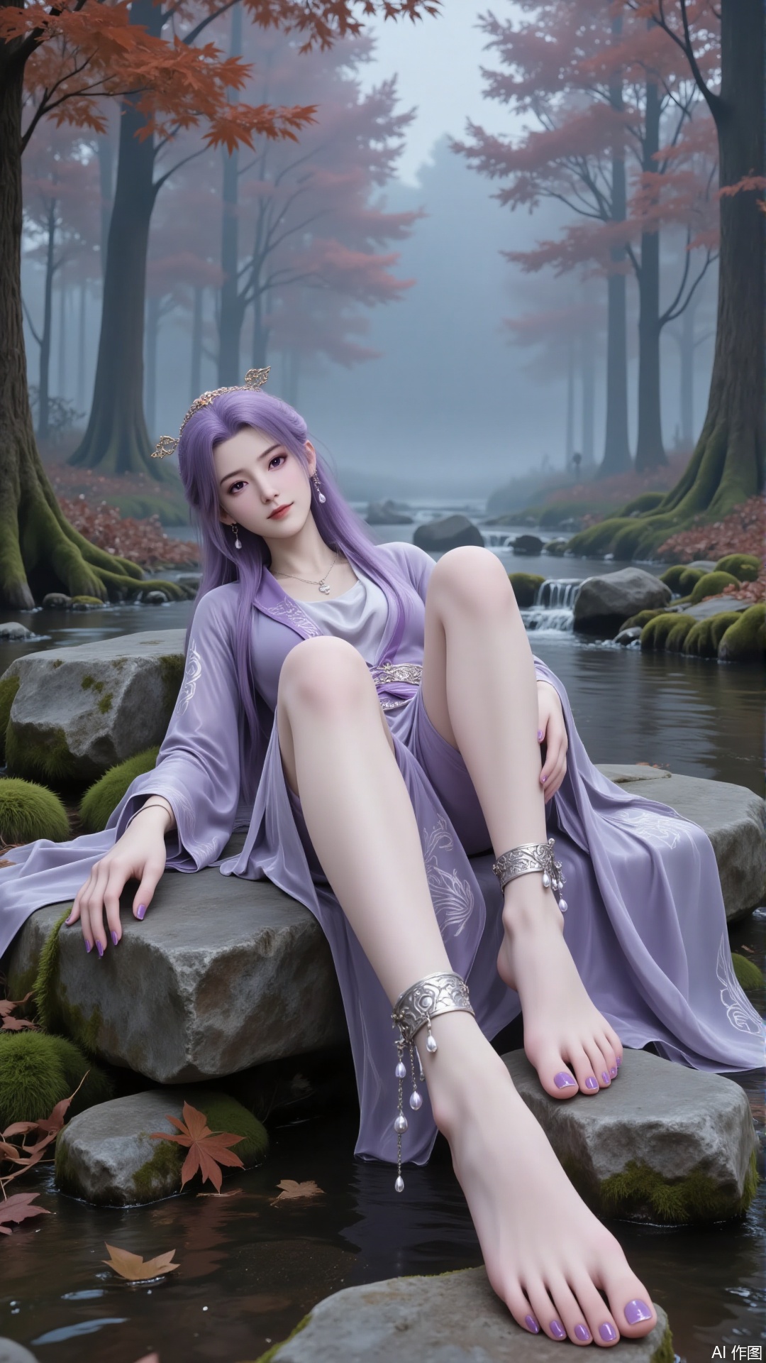 Main Character
 
- Appearance: Purple - colored hair, adorned with exquisite hair ornaments. The face is beautiful, with three - dimensional facial features and phoenix - shaped eyes. Wearing earrings and a necklace, with slender willow - like eyebrows and natural - colored lips.
- Clothing: Dressed in a purple long dress, which is exquisitely decorated. The sleeves are wide and flowing.
- Accessories: Wearing a silver anklet on the ankle. The anklet has small diamonds and pendants. The toenails are painted with purple transparent nail polish that has a shimmer. Bare - footed.
- Action: Reclining sideways on a stone. One leg is stretched straight, with the tip of the toe gently touching the stream below. The other leg is bent and raised. One hand naturally rests on the stone, while the other hand is relaxed by the side of the body.
 
Environmental Atmosphere
 
- Scene: In a fog - shrouded forest, there are ancient moss - covered stones. There are tall trees around, including maple trees, fallen leaves, and moss.
- Lighting: Soft natural light creates a hazy and serene atmosphere.