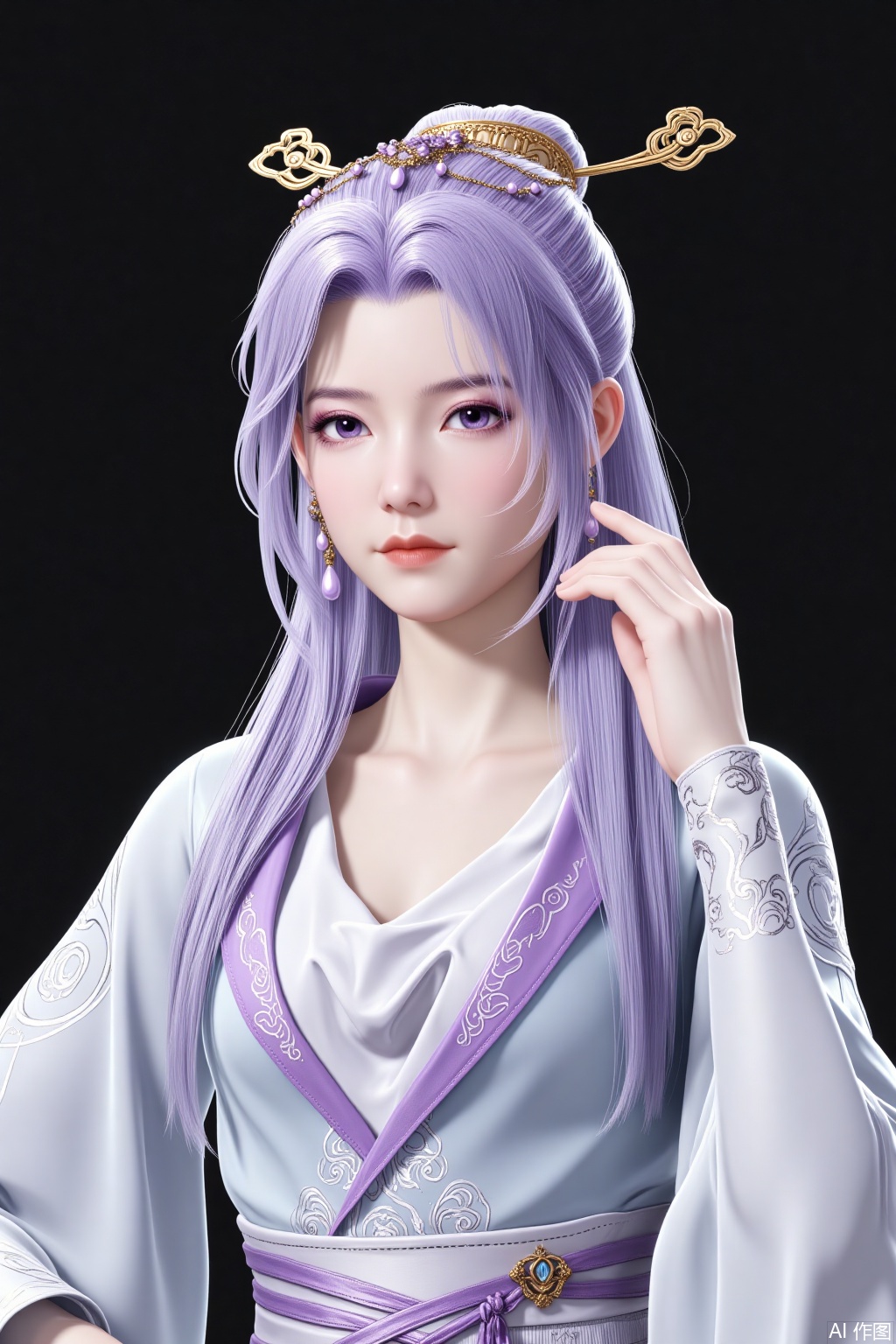 Overall
 
The image presents a character with an air of elegance and grace. The harmonious color scheme of lavender and light blue - white creates a serene and noble atmosphere. The overall visual effect is both refined and captivating.
 
Art Style
 
The art style is highly detailed digital illustration or 3D rendering, typical of fantasy or traditional - inspired art. It showcases meticulous attention to texture, from the smooth fabric of the clothing to the flowing strands of hair, with a realistic yet slightly stylized approach.
 
Composition
 
The composition focuses on the character, who is centrally placed. The use of negative space in the background emphasizes the character, making the details of the outfit and accessories stand out.
 
Shooting Perspective
 
The shooting perspective is a frontal view, providing a clear and direct look at the character's face, hairstyle, and upper - body attire. This angle enhances the sense of connection with the viewer.
 
Pose
 
The character's pose is relaxed yet poised. One hand is gently touching the hair accessory, while the other rests casually, suggesting a natural and elegant demeanor.
 
Expression
 
The expression is calm and composed, with a gentle gaze. The eyes are expressive, and the lips are slightly parted, giving an impression of tranquility and poise.
 
Hairstyle
 
The hairstyle is an elaborate updo with long, flowing lavender - colored hair. The hair is arranged neatly, with some strands framing the face, adding to the character's refined appearance. The lavender color of the hair is consistent with the overall color theme.
 
Clothing Style
 
The character is dressed in traditional - style clothing. The outfit consists of a light blue - white robe with lavender accents on the collar and sash. The robe has wide sleeves and is adorned with intricate patterns, reflecting traditional craftsmanship and aesthetic.
 
Makeup
 
The makeup is subtle and elegant. The eyeshadow is in a light lavender shade, matching the hair color, which makes the eyes more vivid. The eyelashes are long and well - defined. The blush is light, adding a natural glow to the cheeks, and the lip color is a soft, natural shade, complementing the overall refined look.
 
Matching
 
The clothing, hairstyle, and makeup are perfectly coordinated. The lavender elements in the hair, clothing, and eyeshadow create a unified and harmonious look, emphasizing the character's noble and elegant image.
 
Decorations
 
The character wears a golden headpiece decorated with lavender - colored beads and chains, which adds a touch of luxury. Matching golden earrings with lavender drops hang from the ears, echoing the headpiece and enhancing the overall aesthetic.
 
Background
 
The background is a solid dark color, which contrasts sharply with the character's light - colored clothing and lavender hair, making the character the focal point of the image.
 
Environment
 
As the background is a plain dark color, there is no specific environmental setting depicted. This minimalist approach keeps the focus entirely on the character.
 
Image Quality
 
The image quality is extremely high. The details of the hair, fabric, and jewelry are sharp and clear. The lighting and shadow effects are natural, enhancing the three - dimensional feel of the character. There are no visible pixelation or blurring, indicating a high - resolution and well - rendered artwork.