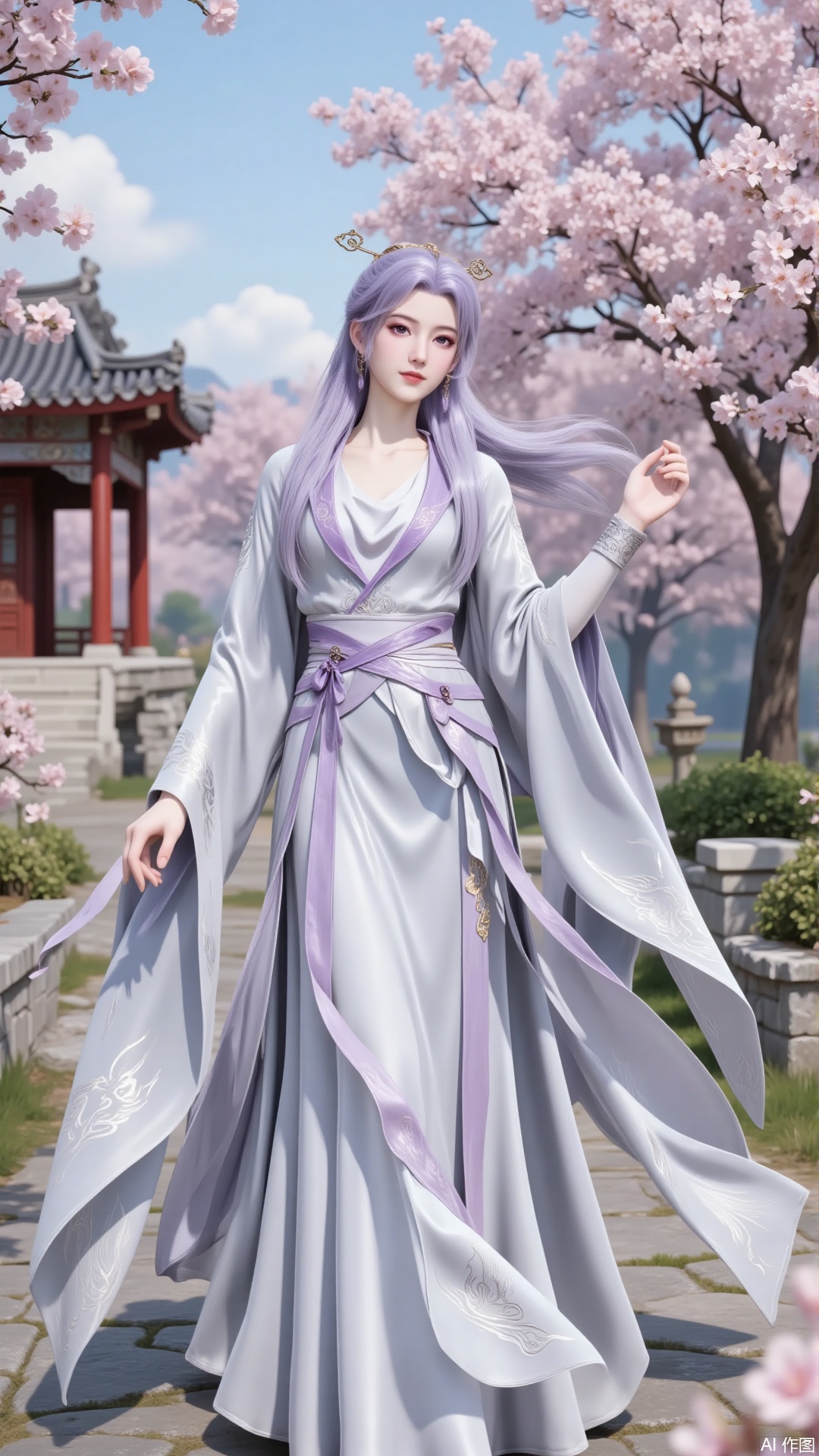 Overall
 
The image presents a visually - striking and elegant scene. The combination of the character's graceful demeanor and the picturesque background creates an atmosphere that is both enchanting and serene. The overall color palette, featuring soft purples, silvers, and the vibrant pink of the blossoms, is harmonious and aesthetically pleasing.
 
Art Style
 
The art style leans towards high - quality digital illustration or 3D rendering with a fantasy - traditional Chinese influence. The details are meticulously crafted, from the flowing fabric textures to the delicate petals of the flowers, showcasing a blend of realism and artistic flair.
 
Composition
 
The composition is well - balanced, with the character centrally positioned, which immediately draws the viewer's attention. The background elements, such as the blooming trees and traditional architecture, frame the character, enhancing the visual appeal and providing context to the scene.
 
Shooting Perspective
 
The shooting perspective is a frontal - three - quarter view, which allows for a comprehensive view of the character's outfit and posture while also capturing the details of the background. This angle adds a sense of depth and dimension to the image.
 
Pose
 
The character's pose is dynamic yet poised. One hand is slightly raised, and the flowing movement of the robe suggests a gentle breeze, adding a sense of liveliness and grace to the figure.
 
Expression
 
The expression is calm and composed, with a hint of confidence. The eyes are clear and focused, and the lips are slightly upturned, conveying an air of tranquility and self - assurance.
 
Hairstyle
 
The hairstyle features long, flowing lavender - colored hair, which is adorned with a delicate headpiece. Some strands of hair frame the face, enhancing the character's elegant and refined appearance.
 
Clothing Style
 
The character is dressed in an elaborate traditional Chinese robe. The robe is predominantly silver - gray with a gradient effect, transitioning to lighter shades at the bottom. It has wide sleeves and is cinched at the waist with a sash, highlighting the figure's silhouette. The design is both sophisticated and in line with traditional aesthetics.
 
Makeup
 
The makeup is understated yet elegant. The eyeshadow complements the hair color, with soft lavender hues. The eyelashes are long and well - defined, making the eyes more expressive. The blush is light, adding a natural flush to the cheeks, and the lip color is a soft, natural shade that ties in with the overall refined look.
 
Matching
 
The clothing, hairstyle, and makeup are perfectly coordinated. The lavender hair and matching eyeshadow, along with the silver - gray robe, create a unified and harmonious look. The accessories, such as the headpiece, further enhance the overall aesthetic, emphasizing the character's noble and elegant image.
 
Decorations
 
The character wears a decorative headpiece that is both intricate and elegant, adding a touch of grandeur. The robe also features subtle decorative patterns, which are in line with traditional Chinese clothing designs, contributing to the overall opulent appearance.
 
Background
 
The background features traditional Chinese architecture with red accents, providing a rich cultural context. Blooming pink cherry blossom trees add a splash of color and a sense of seasonal beauty, creating a contrast with the character's attire and enhancing the overall visual appeal.
 
Environment
 
The environment appears to be a serene and picturesque traditional Chinese garden or courtyard. The stone pathways, architectural elements, and flowering trees suggest a peaceful and refined setting, which complements the character's noble and elegant demeanor.
 
Image Quality
 
The image quality is extremely high. The details of the character's hair, clothing textures, and the background elements, such as the blossoms and architecture, are all sharp and clear. The lighting and shadow effects are realistic, enhancing the three - dimensional feel of the character and the scene. There are no visible pixelation or artifacts, indicating a high - resolution and well - rendered artwork.