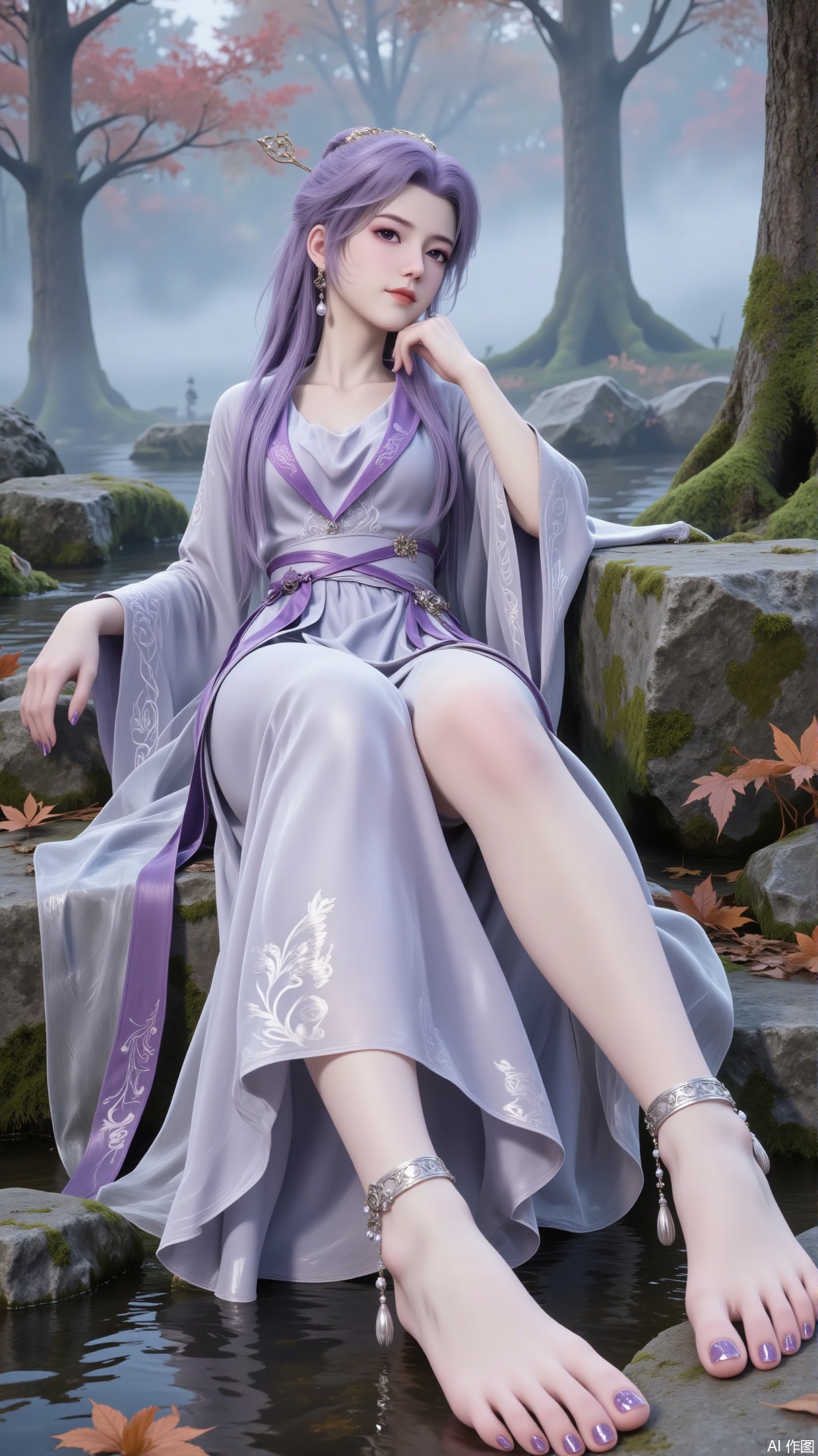 Main Character
 
- Appearance: With purple hair, exquisitely - adorned hair ornaments. The face is beautiful, featuring three - dimensional facial features and phoenix - shaped eyes. Wears earrings and a necklace, has slender willow - like eyebrows, and natural - colored lips.
- Clothing: Dons a purple long dress, which is delicately decorated. The sleeves are wide and floaty.
- Accessories: Wears a silver anklet on the ankle, with small diamonds and pendants on it. Toenails are painted with purple transparent glittery nail polish. Bare - footed.
- Action: Sits on a stone. One hand naturally rests on the stone, while the other hand is relaxed by the side of the body.
 
Environmental Atmosphere
 
- Scene: In a fog - enveloped forest, there are ancient moss - covered stones. Tall trees, maple trees, fallen leaves and moss surround the area.
- Lighting: Soft natural light creates a hazy and tranquil atmosphere.