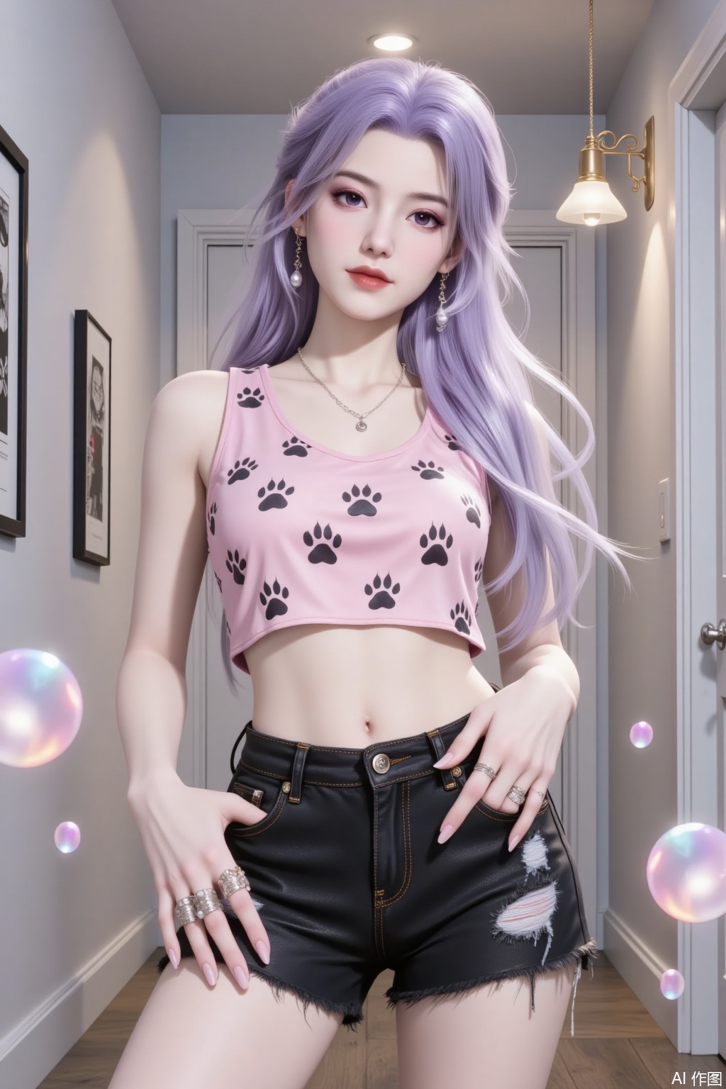 Overall
 
The image presents a vibrant and trendy scene. The combination of the character's stylish outfit and the modern indoor background creates a youthful and fashionable atmosphere. The overall color palette, with pastel pinks, purples, and neutral tones, is both eye - catching and harmonious.
 
Art Style
 
The art style is a high - quality digital illustration with a realistic yet slightly stylized approach. The details of the character's features, clothing textures, and the ambient light effects are meticulously crafted, giving it a contemporary and polished look.
 
Composition
 
The character is centrally positioned in the composition, which immediately draws the viewer's attention. The background elements, such as the door, wall art, and lighting fixtures, frame the character symmetrically, creating a balanced and visually appealing layout.
 
Shooting Perspective
 
The shooting perspective is a frontal view, directly facing the character. This angle allows for a clear view of the character's outfit, accessories, and facial features, creating a sense of direct engagement with the viewer.
 
Pose
 
The character's pose is confident and casual. With one hand in the pocket and the other resting near the waist, the stance exudes a laid - back yet stylish attitude.
 
Expression
 
The expression is composed and self - assured. The eyes are bright and expressive, and the lips are slightly pursed, giving an impression of modern - day coolness and poise.
 
Hairstyle
 
The hairstyle features long, flowing lavender - colored hair that adds a unique and trendy element to the overall look. The hair appears soft and voluminous, complementing the character's fashion - forward appearance.
 
Clothing Style
 
The character is dressed in a fashionable outfit. The top is a sleeveless, cropped, pink blouse adorned with black paw - print patterns, adding a playful and cute touch. Paired with it are distressed black denim shorts that have a drawstring waist, combining edginess with a casual vibe.
 
Makeup
 
The makeup is modern and chic. The eyeshadow is in a light purple shade that matches the hair, with a hint of shimmer to enhance the eyes. The eyelashes are long and well - defined, making the eyes stand out. The blush is subtle, adding a natural glow, and the lip color is a bold red, providing a striking contrast to the pastel - colored outfit.
 
Matching
 
The clothing, hairstyle, and makeup are well - coordinated. The lavender hair pairs perfectly with the light purple eyeshadow and the pink top, while the distressed shorts add an edgy contrast. The accessories, such as the necklace and rings, complement the overall trendy look.
 
Decorations
 
The character accessorizes with a simple necklace, earrings, and multiple rings, which add a touch of sophistication and style. The ambient light effects, such as the glowing orbs around the character, enhance the trendy and magical feel of the image.
 
Background
 
The background is a modern indoor hallway with a white door, framed wall art, and stylish pendant lights. The clean lines and neutral tones of the background provide a perfect backdrop that highlights the character's vibrant outfit.
 
Environment
 
The environment appears to be a well - decorated, modern interior space, likely part of a home or a trendy apartment. The presence of art on the walls and stylish lighting fixtures suggests a contemporary and fashionable living environment.
 
Image Quality
 
The image quality is extremely high. The details of the character's hair, clothing textures, and the background elements are all sharp and clear. The lighting and shadow effects are realistic, and the colors are vivid and well - saturated. There are no visible pixelation or artifacts, indicating a high - resolution and well - rendered digital artwork.