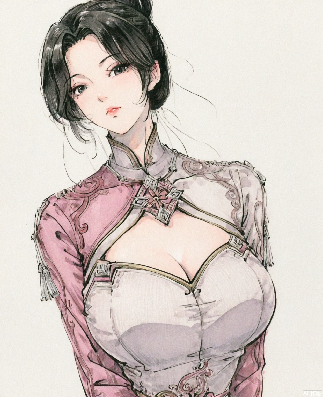 ((very awa)),(solo),highly detailed,(best quality),((masterpiece)),1girl,chi,,ge,,traditional media,painting \(medium\),looking_at_viewer,large breasts,mature_female,simple background,nanqiuqiu,black hair,dress,hair bun,upper body,,watercolor \(medium\),