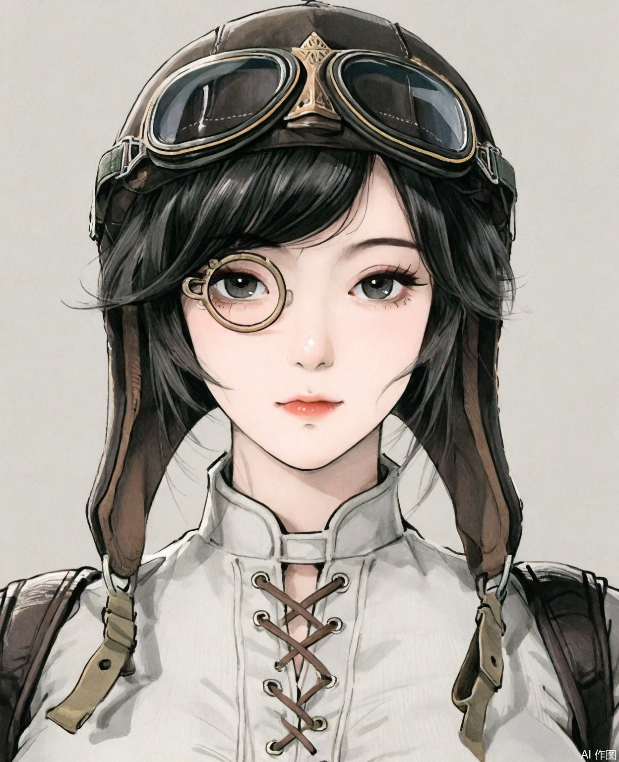 ((very awa)),(solo),highly detailed,(best quality),((masterpiece)),1girl,chi,,ge,,traditional media,painting \(medium\),looking_at_viewer,large breasts,mature_female,simple background,nanqiuqiu,upper body,,goggles on headwear,goggles on head,goggles,monocle,black hair,looking at viewer,watercolor \(medium\),