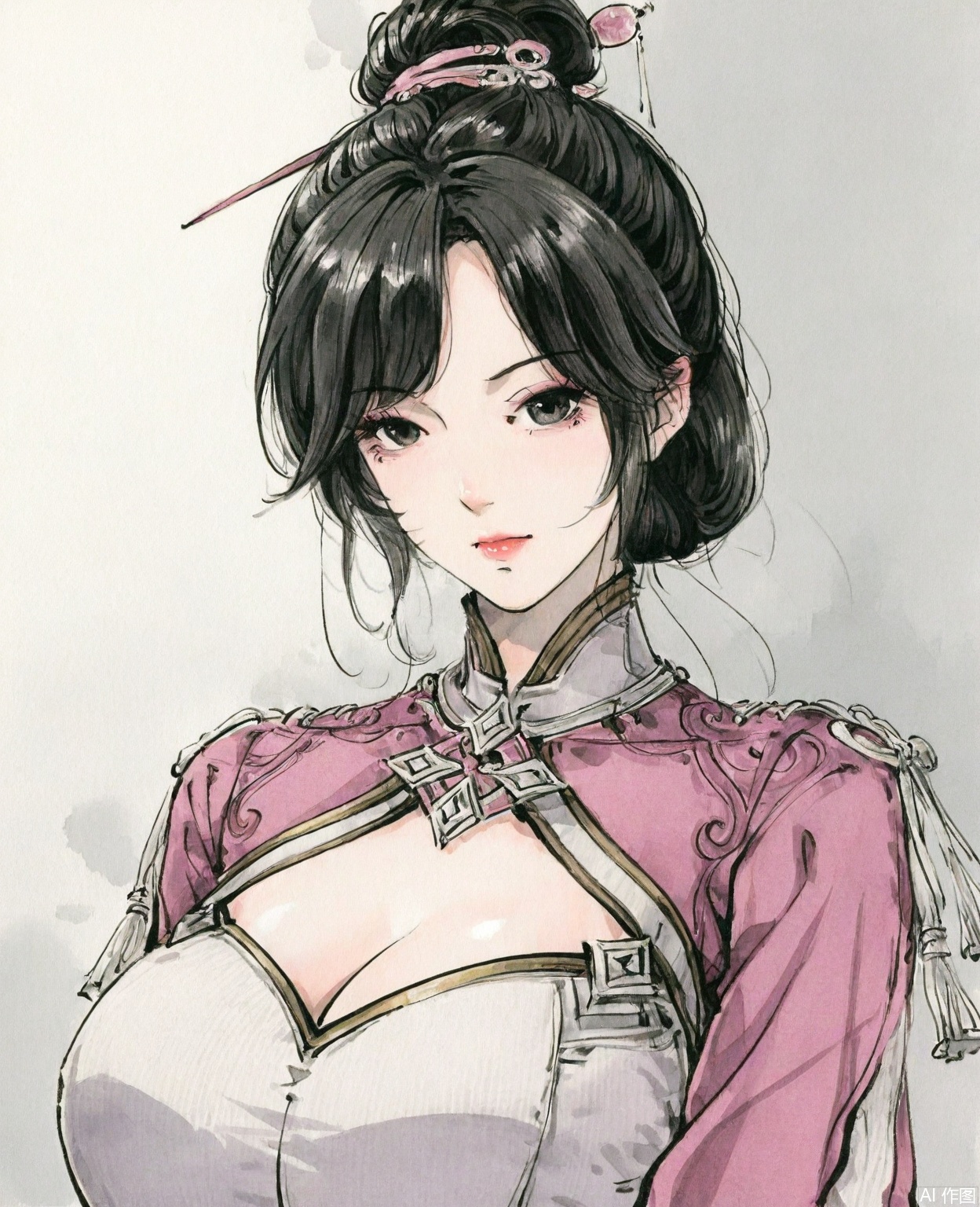 ((very awa)),(solo),highly detailed,(best quality),((masterpiece)),1girl,chi,,ge,,traditional media,painting \(medium\),looking_at_viewer,large breasts,mature_female,simple background,nanqiuqiu,black hair,dress,hair bun,upper body,,watercolor \(medium\),