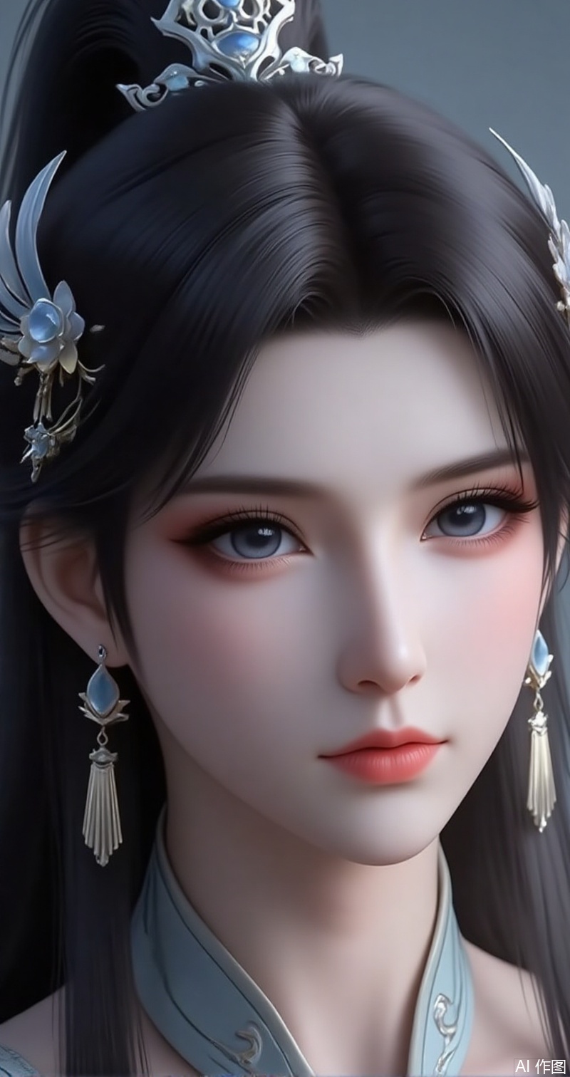 lvjing,baoshi,xiaoxuner,earrings,hair ornament,ponytail,long hair,black hair,jewelry,cover,gradient background,close-up details,outstanding style,adding a touch of dimension to your images without compromising details,close-up,