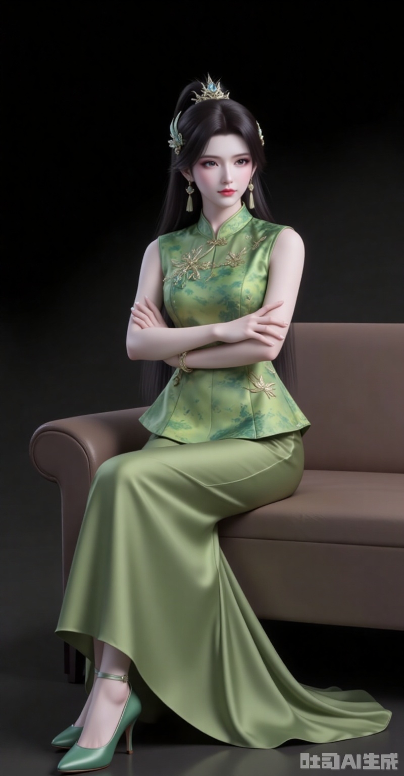 xiaoxuner,earrings,hair ornament,ponytail,long hair,black hair,jewelry
 1girl,solo,green shirt,sleeveless,skirt,shirt,green skirt,sleeveless shirt,chinese clothes,long skirt,bracelet,couch,sitting,jewelry,crossed arms,china dress,high_heels,black_background
,cover,simple background,gradient background,close-up details,outstanding style,adding a touch of dimension to your images without compromising details,close-up,fuzhuang