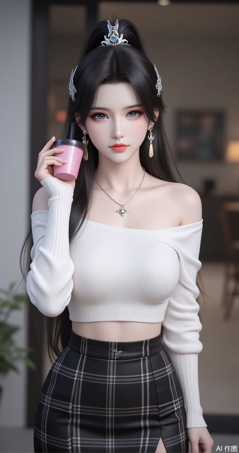 lvjing,baoshi,xiaoxuner,earrings,hair ornament,ponytail,long hair,black hair,jewelry,1girl,solo,skirt,off shoulder,off-shoulder sweater,jewelry,white sweater,necklace,cup,bare shoulders,holding,sweater,disposable cup,breasts,black skirt,plaid skirt,collarbone,plaid,blurry background,crop top,holding cup,blurry,midriff,long sleeves,large breasts,63, cover,simple background,gradient background,close-up details,outstanding style,adding a touch of dimension to your images without compromising details,close-up