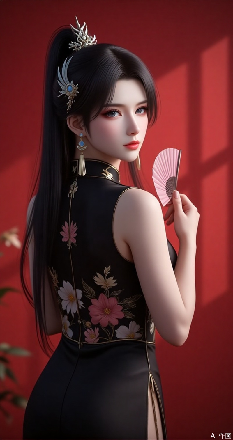 lvjing,baoshi,xiaoxuner,earrings,hair ornament,ponytail,long hair,black hair,jewelry,,1girl,dress,hand fan,holding,solo,earrings,jewelry,chinese clothes,china dress,black dress,holding fan,floral print,blurry,sleeveless,looking at viewer,sleeveless dress,red background,folding fan,standing,head tilt,2,cover,simple background,gradient background,close-up details,outstanding style,adding a touch of dimension to your images without compromising details,close_up