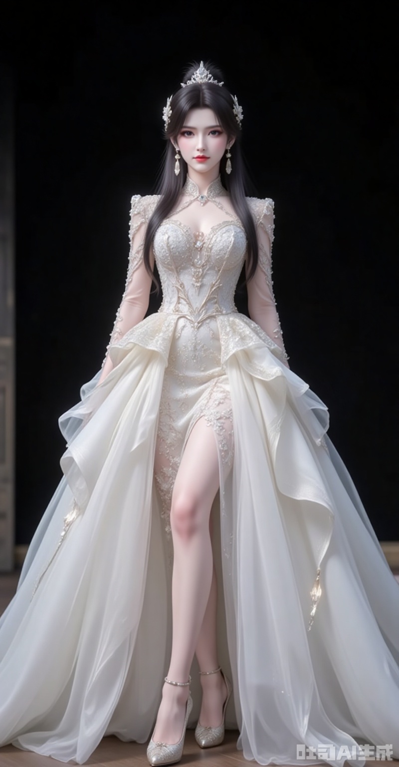 xiaoxuner,earrings,hair ornament,ponytail,long hair,black hair,jewelry
hunsha, dress, wedding dress, 1girl, white dress, solo, indoors, long dress,black_background,looking_at_viewer,front view,legs,high_heels,full body,
cover,simple background,gradient background,close-up details,outstanding style,adding a touch of dimension to your images without compromising details,close-up,fuzhuang