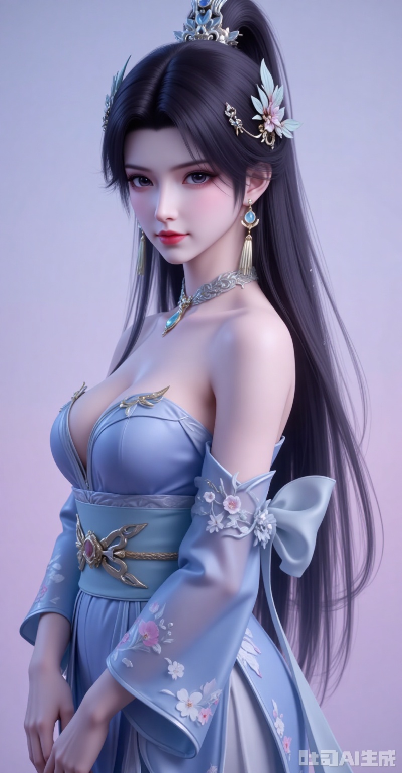 xiaoxuner,earrings,hair ornament,ponytail,long hair,black hair,jewelry
1girl,breasts,solo,japanese clothes,hair ornament,kimono,flower,hair flower,sash,blue kimono,large breasts,choker,looking at viewer,cleavage,bare shoulders,obi,off shoulder,earrings,smile,jewelry,floral print,closed mouth,makeup,from side,long sleeves,
,cover,simple background,gradient background,close-up details,outstanding style,adding a touch of dimension to your images without compromising details,close-up,
