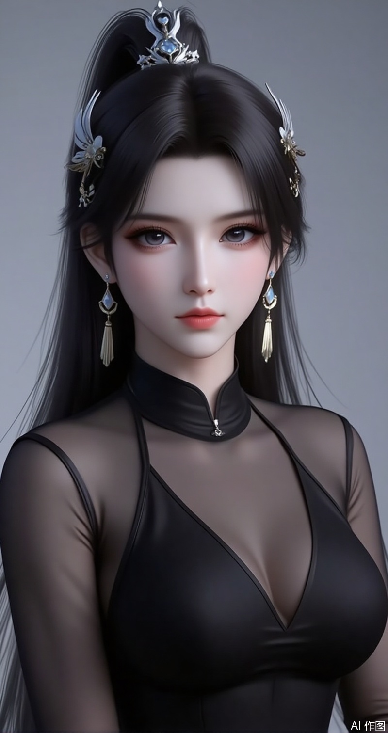 lvjing,baoshi,xiaoxuner,earrings,hair ornament,ponytail,long hair,black hair,jewelry,1girl,solo,jewelry,earrings,see-through,dress,upper body,black dress,hand on own hip,breasts,see-through sleeves,13,cover,simple background,gradient background,close-up details,outstanding style,adding a touch of dimension to your images without compromising details,close-up,