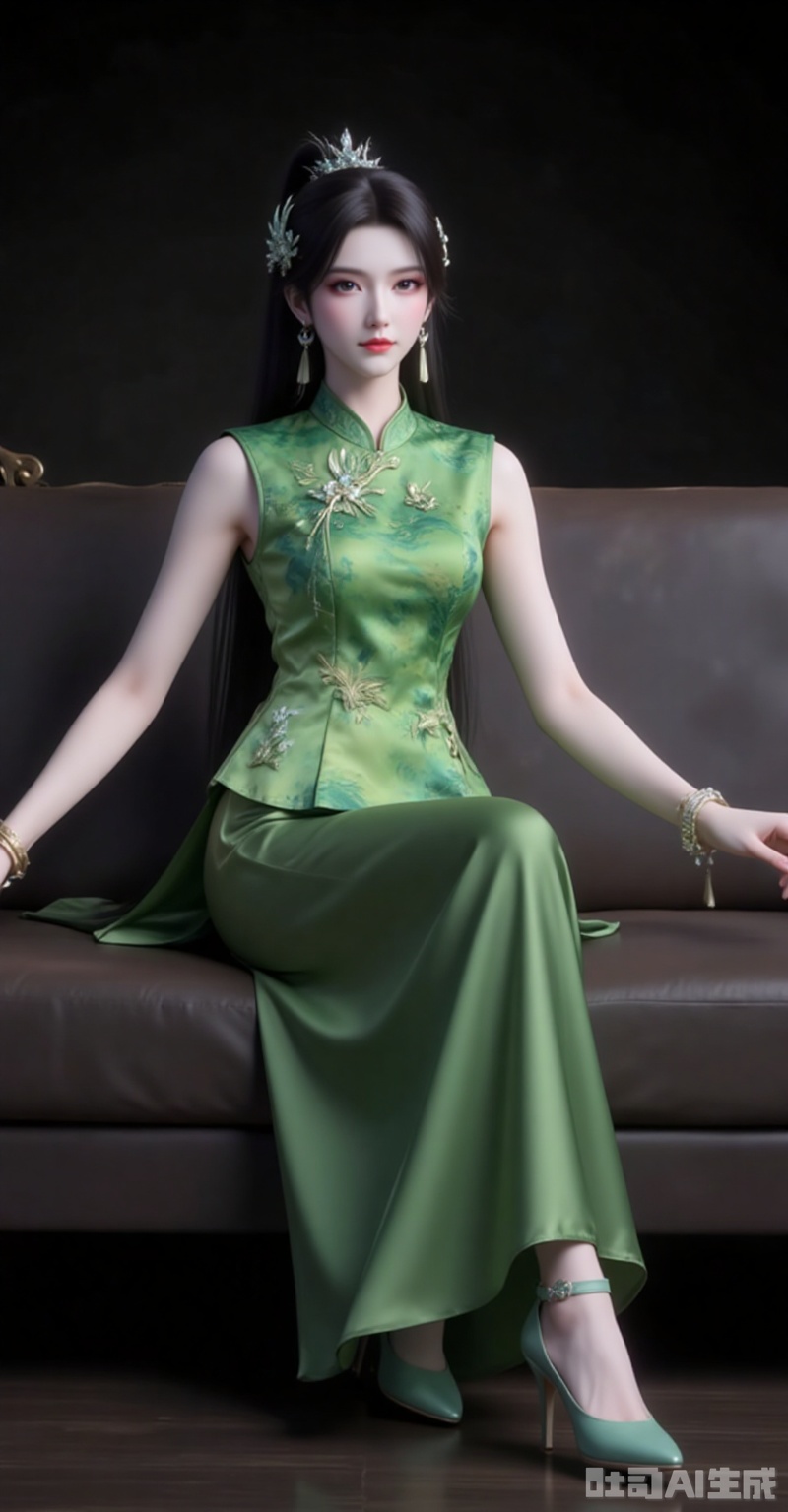 xiaoxuner,earrings,hair ornament,ponytail,long hair,black hair,jewelry
 1girl,solo,green shirt,sleeveless,skirt,shirt,green skirt,sleeveless shirt,chinese clothes,long skirt,bracelet,couch,sitting,jewelry,china dress,high_heels,black_background
,cover,simple background,gradient background,close-up details,outstanding style,adding a touch of dimension to your images without compromising details,close-up,fuzhuang