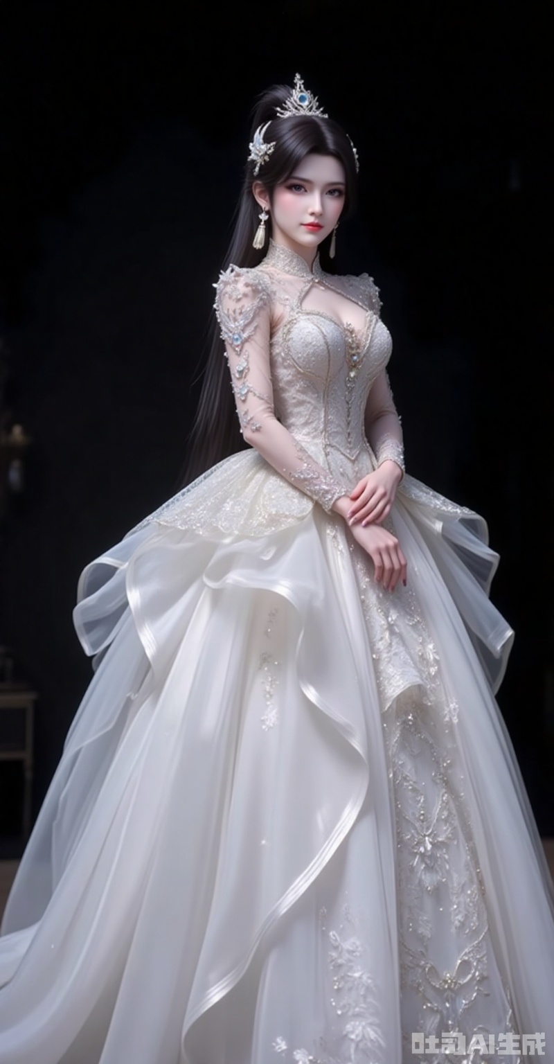xiaoxuner,earrings,hair ornament,ponytail,long hair,black hair,jewelry
hunsha, dress, wedding dress, 1girl, white dress, solo, indoors, long dress,black_background,looking_at_viewer,front view,
cover,simple background,gradient background,close-up details,outstanding style,adding a touch of dimension to your images without compromising details,close-up,fuzhuang