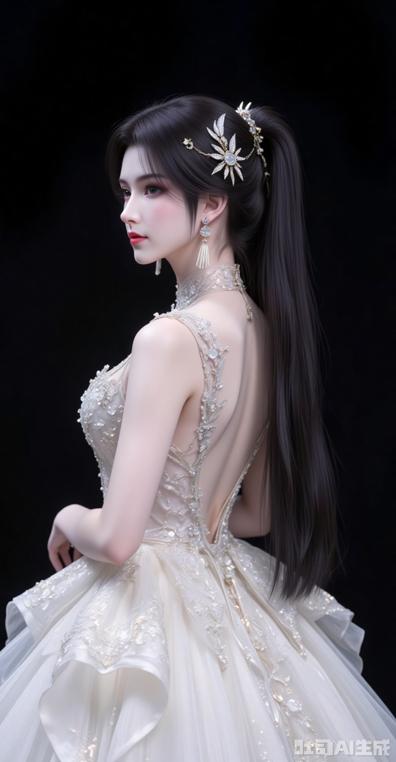 xiaoxuner,earrings,hair ornament,ponytail,long hair,black hair,jewelry
hunsha, dress, wedding dress, 1girl, white dress, solo, indoors, long dress,black_background
,cover,simple background,gradient background,close-up details,outstanding style,adding a touch of dimension to your images without compromising details,close-up,fuzhuang
