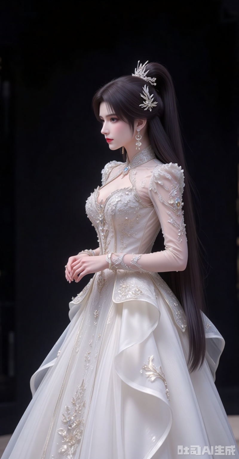 xiaoxuner,earrings,hair ornament,ponytail,long hair,black hair,jewelry
hunsha, dress, wedding dress, 1girl, white dress, solo, indoors, long dress,black_background
,cover,simple background,gradient background,close-up details,outstanding style,adding a touch of dimension to your images without compromising details,close-up,fuzhuang