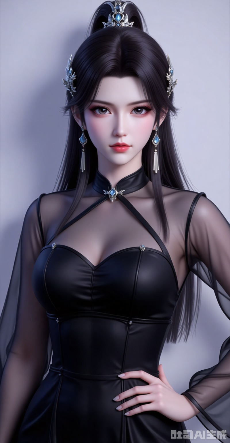 xiaoxuner,earrings,hair ornament,ponytail,long hair,black hair,jewelry
1girl,solo,jewelry,earrings,see-through,dress,upper body,black dress,hand on own hip,breasts,see-through sleeves,13,cover,simple background,gradient background,close-up details,outstanding style,adding a touch of dimension to your images without compromising details,close-up,