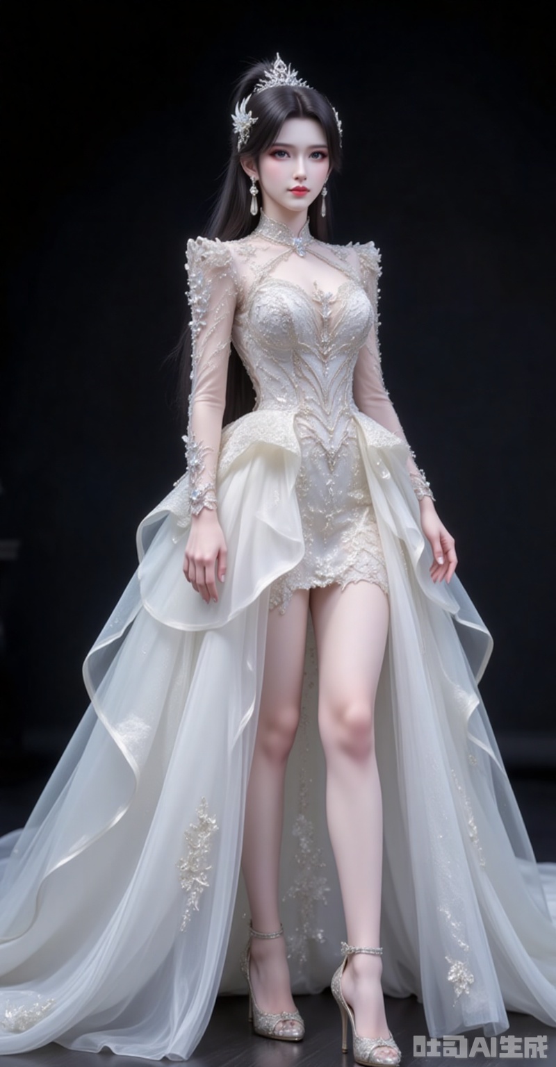 xiaoxuner,earrings,hair ornament,ponytail,long hair,black hair,jewelry
hunsha, dress, wedding dress, 1girl, white dress, solo, indoors, long dress,black_background,looking_at_viewer,front view,legs,high_heels,full body,
cover,simple background,gradient background,close-up details,outstanding style,adding a touch of dimension to your images without compromising details,close-up,fuzhuang