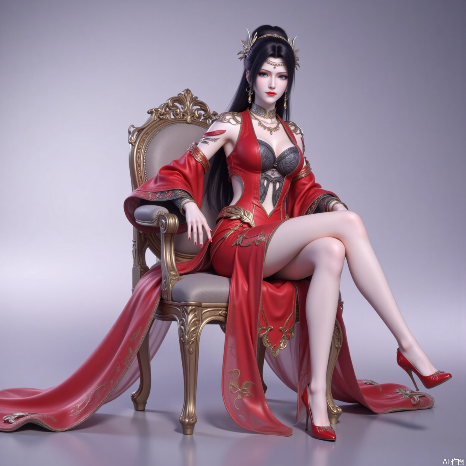 yunyun,1girl,solo,black hair,jewelry,earrings,long hair,hair ornament,closed mouth,blue eyes,hair bun,
1girl,solo,breasts,dress,high heels,jewelry,red dress,necklace,full body,red nails,cleavage,detached_sleeves,clothing cutout,sitting,gradient background,chair,crossed_legs,red footwear,3,cover,gradient background,close-up details,outstanding style,adding a touch of dimension to your images without compromising details,close-up,
lvjing,long legs,meidushayifu
