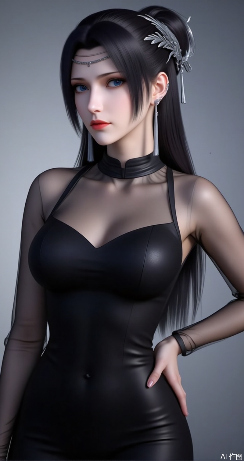 lvjing,baoshi,yunyun,1girl,solo,black hair,jewelry,earrings,long hair,hair ornament,closed mouth,blue eyes,hair bun,1girl,solo,jewelry,earrings,see-through,dress,upper body,black dress,hand on own hip,breasts,see-through sleeves,13,cover,simple background,gradient background,close-up details,outstanding style,adding a touch of dimension to your images without compromising details,close-up,