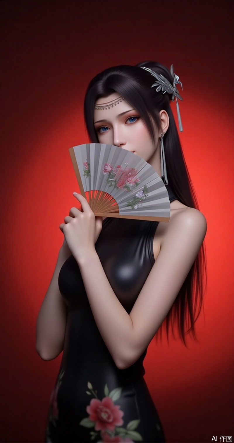 lvjing,baoshi,yunyun,1girl,solo,black hair,jewelry,earrings,long hair,hair ornament,closed mouth,blue eyes,hair bun,1girl,dress,hand fan,holding,solo,earrings,jewelry,chinese clothes,china dress,black dress,holding fan,floral print,blurry,sleeveless,looking at viewer,sleeveless dress,red background,folding fan,standing,head tilt,2,cover,simple background,gradient background,close-up details,outstanding style,adding a touch of dimension to your images without compromising details,close_up