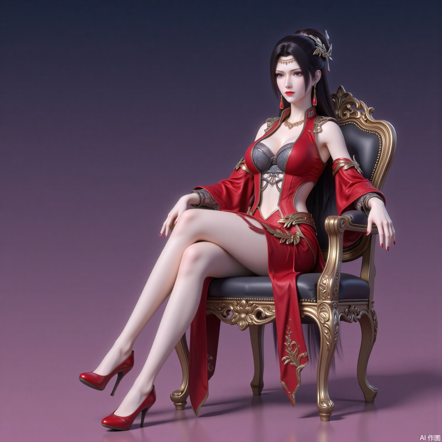yunyun,1girl,solo,black hair,jewelry,earrings,long hair,hair ornament,closed mouth,blue eyes,hair bun,
1girl,solo,breasts,dress,high heels,jewelry,red dress,necklace,full body,red nails,cleavage,detached_sleeves,clothing cutout,sitting,gradient background,chair,crossed_legs,red footwear,3,cover,gradient background,close-up details,outstanding style,adding a touch of dimension to your images without compromising details,close-up,
lvjing,long legs,meidushayifu