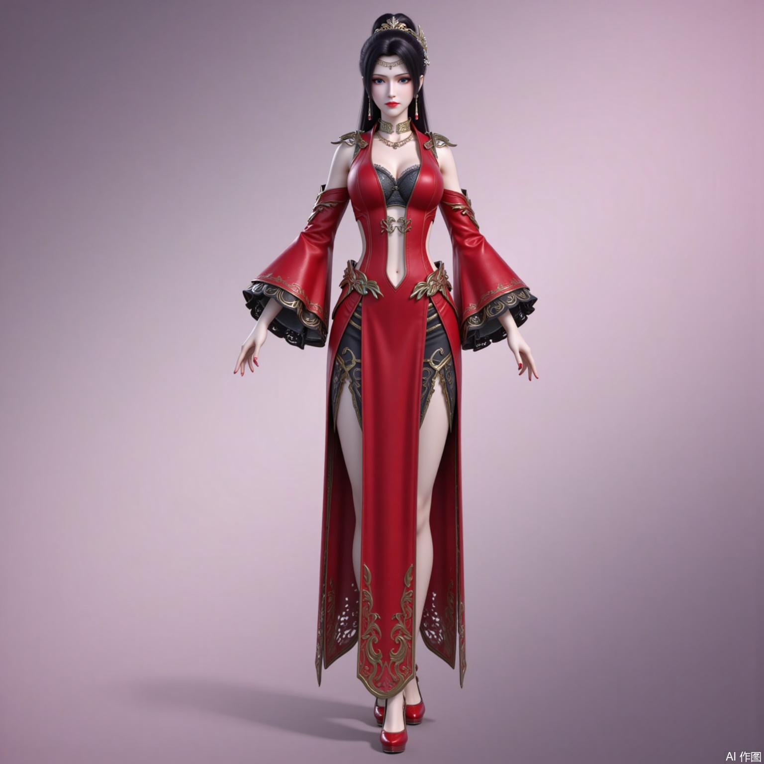 yunyun,1girl,solo,black hair,jewelry,earrings,long hair,hair ornament,closed mouth,blue eyes,hair bun,
1girl,solo,breasts,dress,high heels,jewelry,red dress,necklace,full body,red nails,cleavage,detached_sleeves,standing,clothing cutout,gradient background,red footwear,3,cover,gradient background,close-up details,outstanding style,adding a touch of dimension to your images without compromising details,close-up,
lvjing,long legs,meidushayifu
