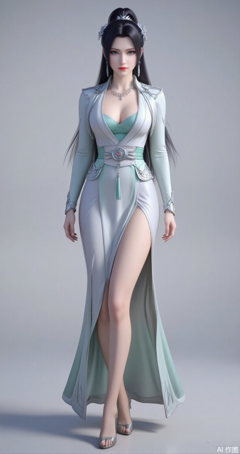 lvjing,baoshi,yunyun,1girl,solo,black hair,jewelry,earrings,long hair,hair ornament,closed mouth,blue eyes,hair bun,yunyun,1girl,solo,dress,full body,jewelry,high heels,green dress,white dress,long sleeves,necklace,bare legs,cleavage,large breasts,