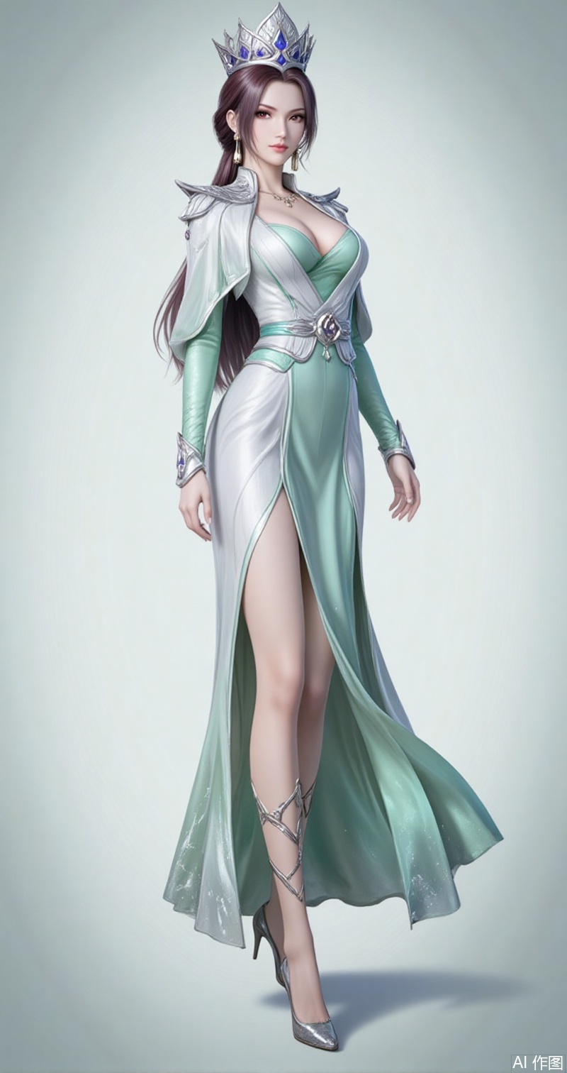 lvjing,baoshi,bibidong,1girl, brown hair,solo, portrait, pony-tail,low ponytail,looking at viewer, gem, crown,hat,blurry, short hair, lips, parted lips,yunyun,1girl,solo,dress,full body,jewelry,high heels,green dress,white dress,long sleeves,necklace,bare legs,cleavage,large breasts,cover,simple background,gradient_background,Close-up details,outstanding style,adding a touch of dimension to your images without compromising details,close-up,lvjing,colorful,