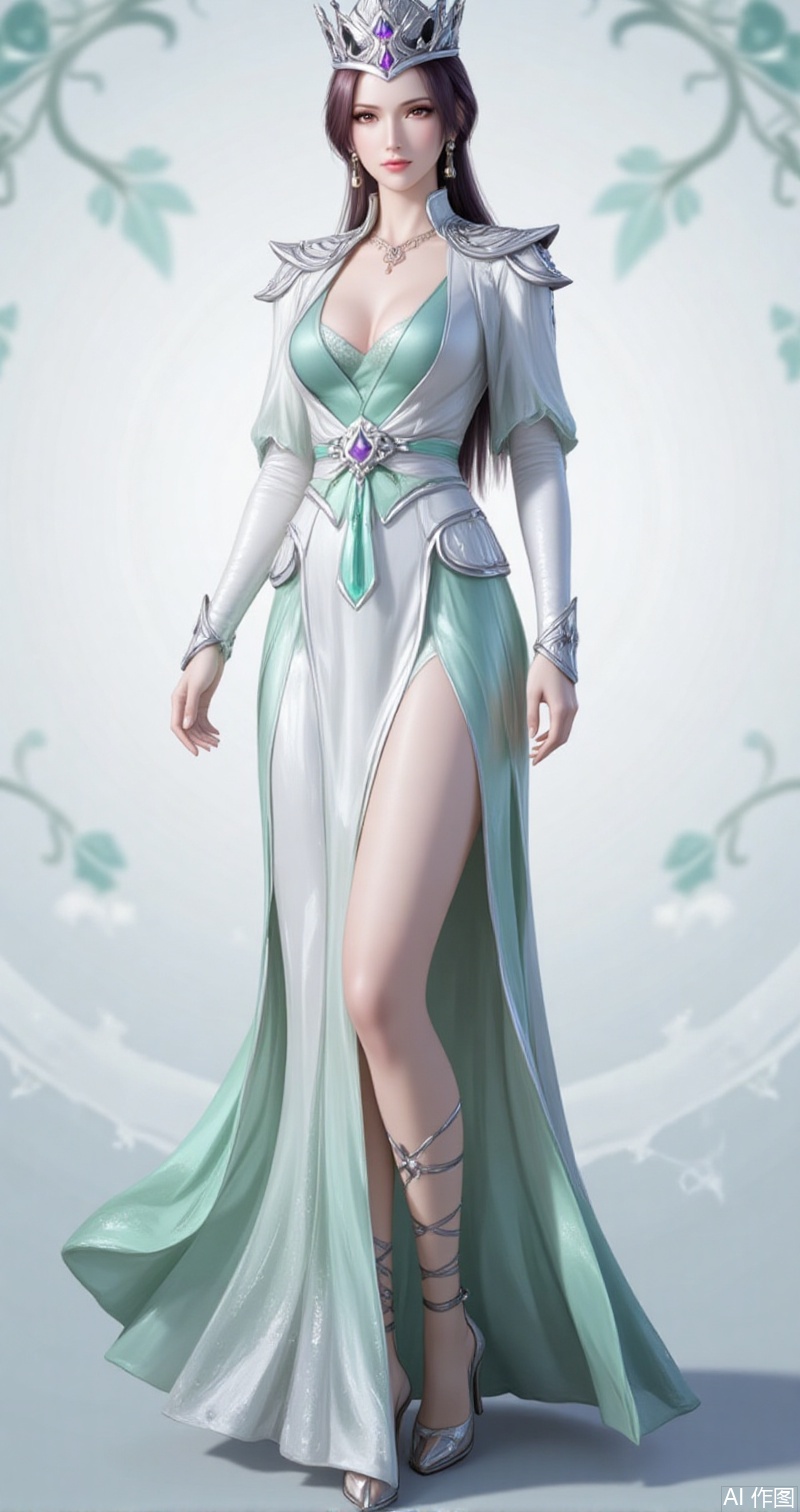 lvjing,baoshi,bibidong,1girl, brown hair,solo, portrait, pony-tail,low ponytail,looking at viewer, gem, crown,hat,blurry, short hair, lips, parted lips,yunyun,1girl,solo,dress,full body,jewelry,high heels,green dress,white dress,long sleeves,necklace,bare legs,cleavage,large breasts,cover,simple background,gradient_background,Close-up details,outstanding style,adding a touch of dimension to your images without compromising details,close-up,lvjing,colorful,