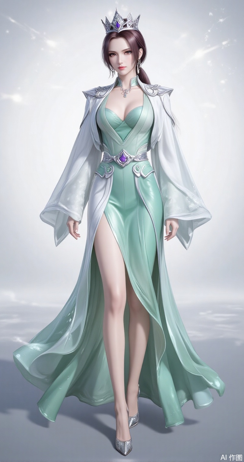 lvjing,baoshi,bibidong,1girl, brown hair,solo, portrait, pony-tail,low ponytail,looking at viewer, gem, crown,hat,blurry, short hair, lips, parted lips,yunyun,1girl,solo,dress,full body,jewelry,high heels,green dress,white dress,long sleeves,necklace,bare legs,cleavage,large breasts,cover,simple background,gradient_background,Close-up details,outstanding style,adding a touch of dimension to your images without compromising details,close-up,lvjing,colorful,