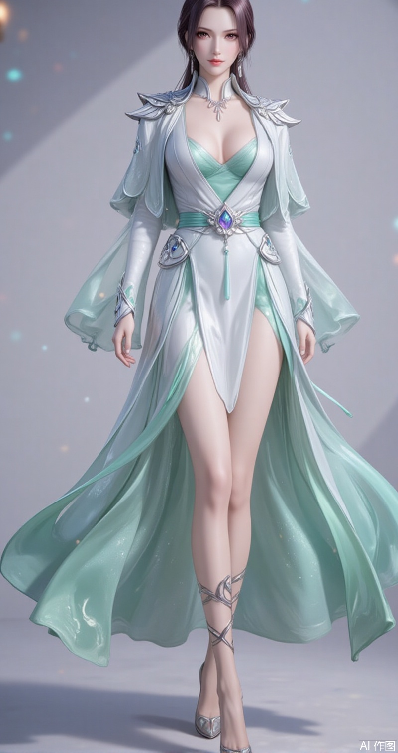 lvjing,baoshi,bibidong,1girl, brown hair,solo, portrait, pony-tail,low ponytail,looking at viewer, gem, crown,hat,blurry, short hair, lips, parted lips,yunyun,1girl,solo,dress,full body,jewelry,high heels,green dress,white dress,long sleeves,necklace,bare legs,cleavage,large breasts,cover,simple background,gradient_background,Close-up details,outstanding style,adding a touch of dimension to your images without compromising details,close-up,lvjing,colorful,