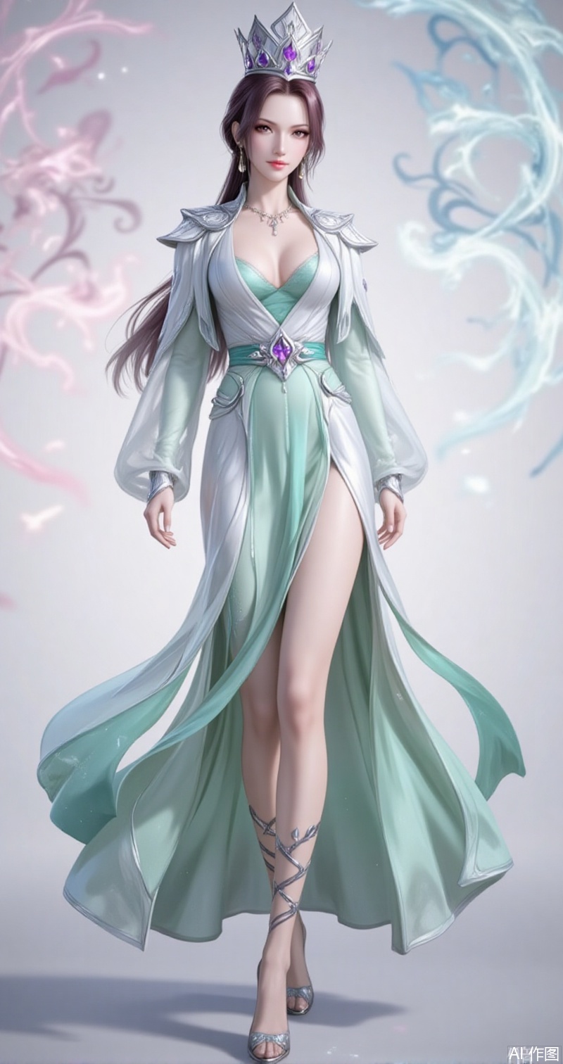 lvjing,baoshi,bibidong,1girl, brown hair,solo, portrait, pony-tail,low ponytail,looking at viewer, gem, crown,hat,blurry, short hair, lips, parted lips,yunyun,1girl,solo,dress,full body,jewelry,high heels,green dress,white dress,long sleeves,necklace,bare legs,cleavage,large breasts,cover,simple background,gradient_background,Close-up details,outstanding style,adding a touch of dimension to your images without compromising details,close-up,lvjing,colorful,