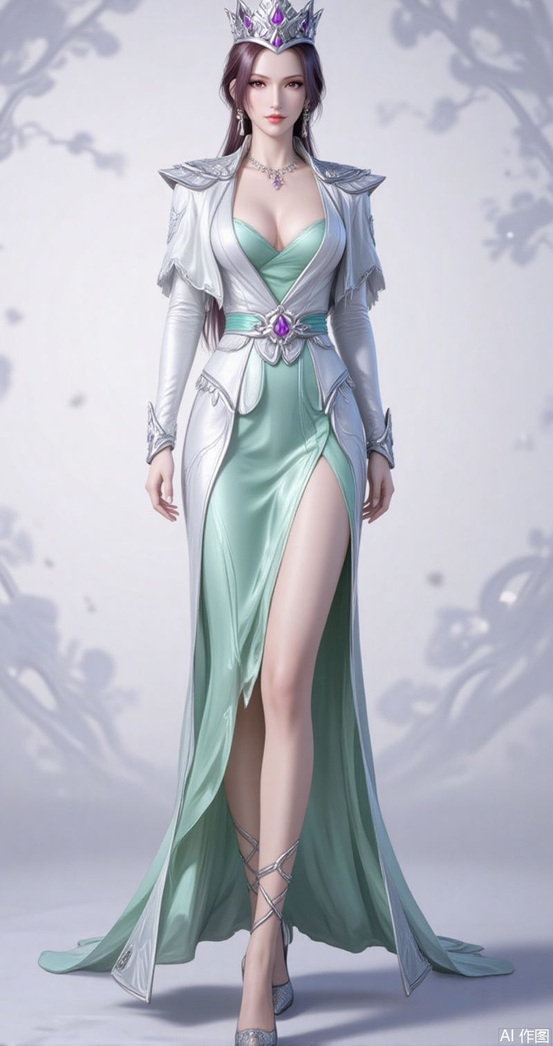 lvjing,baoshi,bibidong,1girl, brown hair,solo, portrait, pony-tail,low ponytail,looking at viewer, gem, crown,hat,blurry, short hair, lips, parted lips,yunyun,1girl,solo,dress,full body,jewelry,high heels,green dress,white dress,long sleeves,necklace,bare legs,cleavage,large breasts,cover,simple background,gradient_background,Close-up details,outstanding style,adding a touch of dimension to your images without compromising details,close-up,lvjing,colorful,